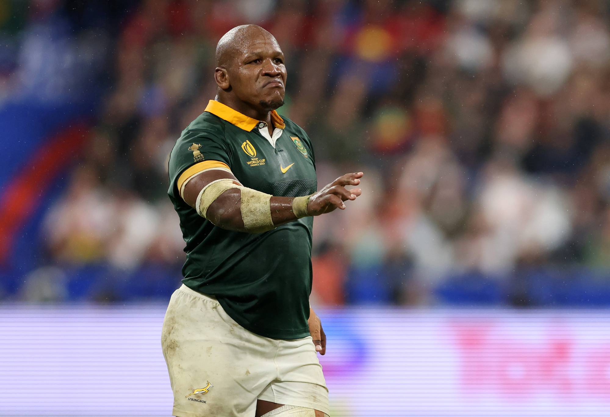 Mbongeni Mbonambi of South Africa reacts during the Rugby World Cup France 2023 match between England and South Africa at Stade de France on October 21, 2023 in Paris, France. (Photo by Paul Harding/Getty Images)