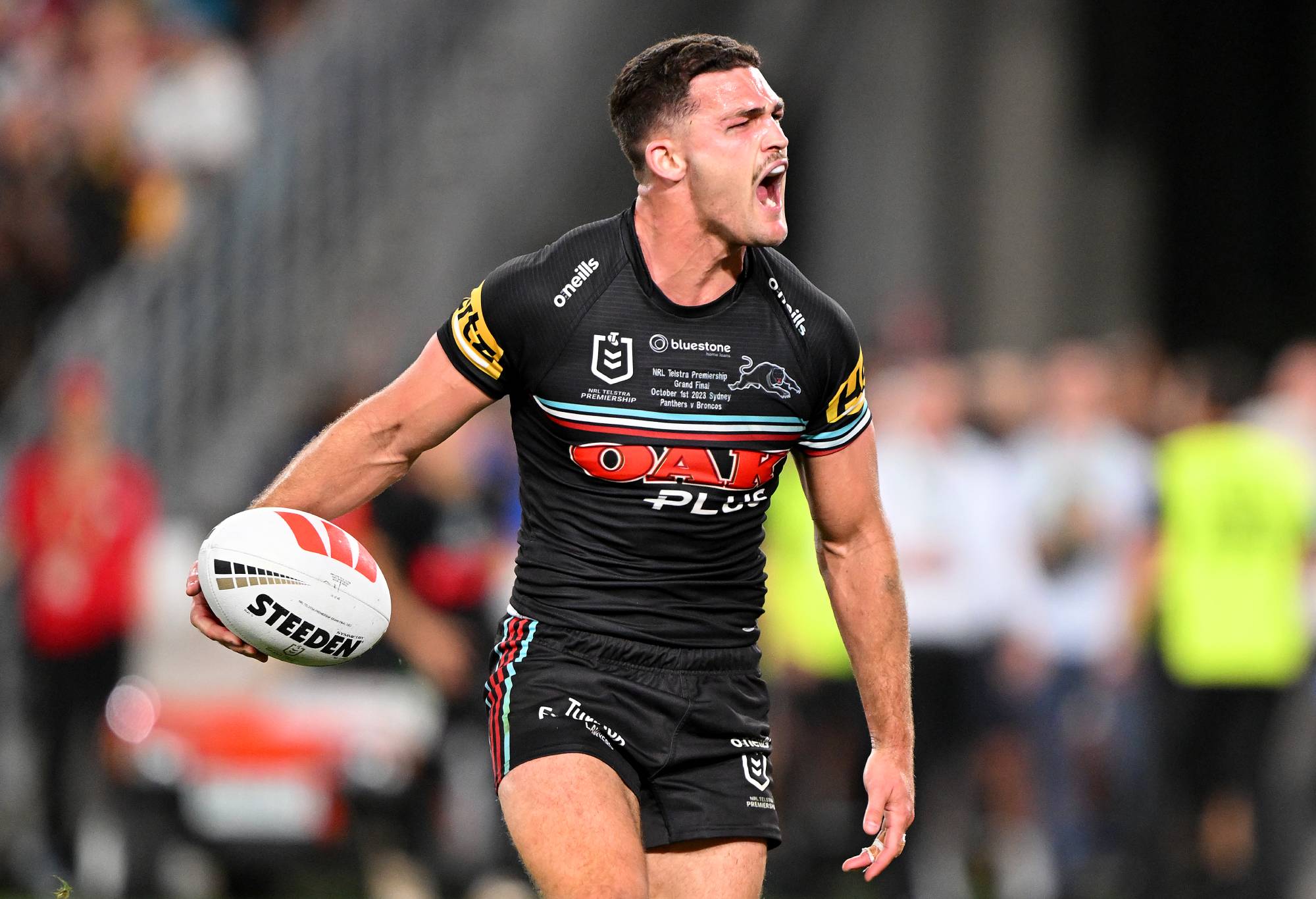 SYDNEY, AUSTRALIA - OCTOBER 01: Nathan Cleary of the Panthers celebrates scoring a try during the 2023 NRL Grand Final match between Penrith Panthers and Brisbane Broncos at Accor Stadium on October 01, 2023 in Sydney, Australia. (Photo by Bradley Kanaris/Getty Images)