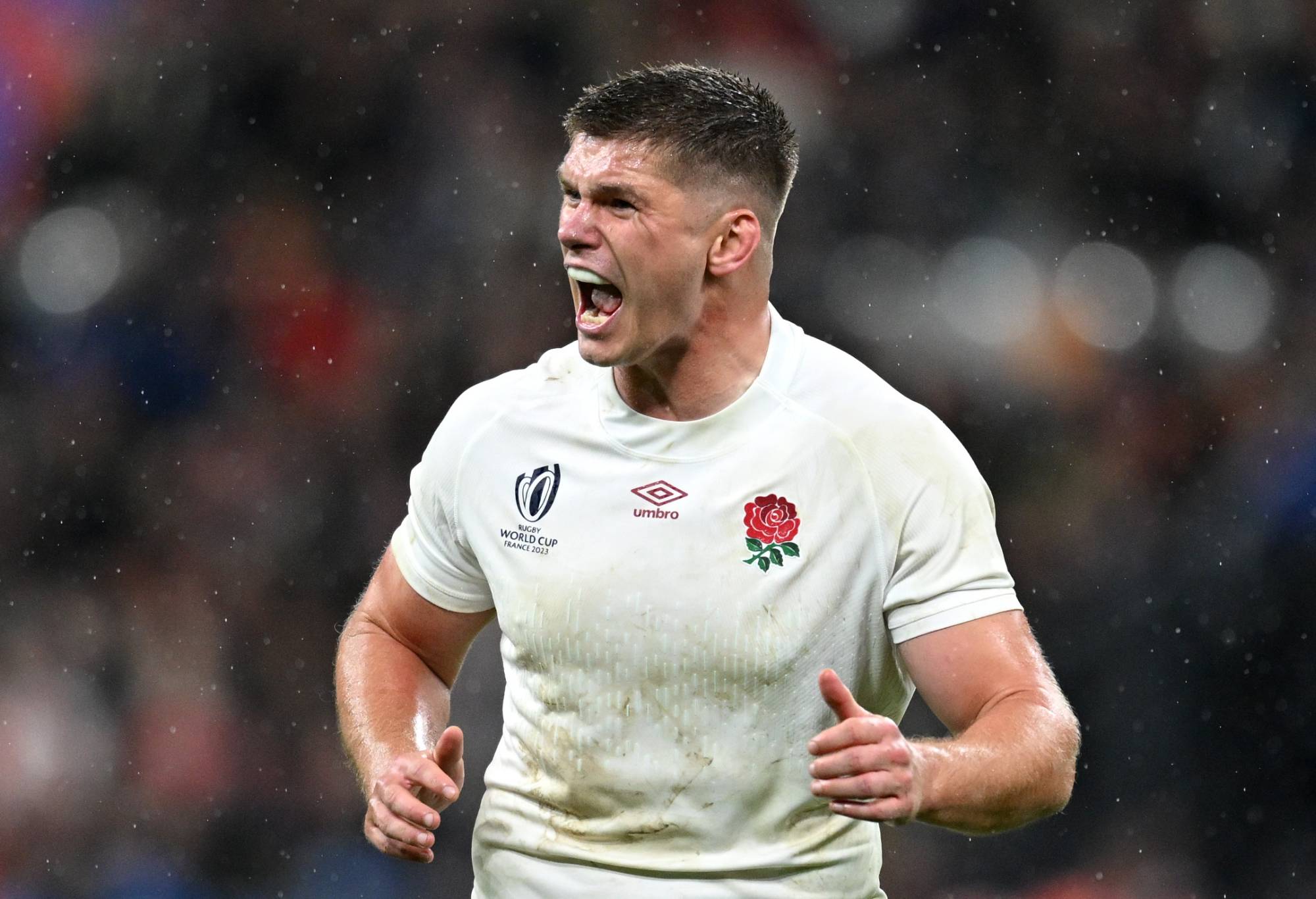 Owen Farrell of England reacts during the Rugby World Cup France 2023 match between England and South Africa at Stade de France on October 21, 2023 in Paris, France. (Photo by Hannah Peters/Getty Images)