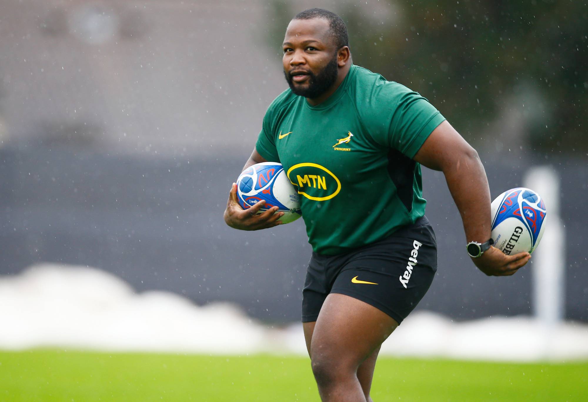 Ox Nche of South Africa during the South Africa men's national rugby team training session at Stade des Fauvettes on October 23, 2023 in Domont, France. (Photo by Steve Haag/Gallo Images)
