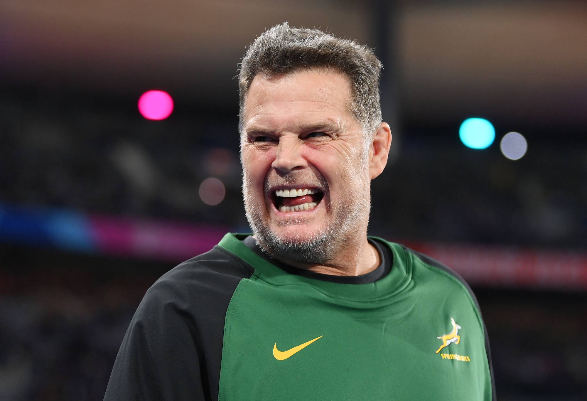 Rassie Erasmus, Coach of South Africa, looks on prior to the Rugby World Cup France 2023 Quarter Final match between France and South Africa at Stade de France on October 15, 2023 in Paris, France. (Photo by Justin Setterfield - World Rugby/World Rugby via Getty Images)