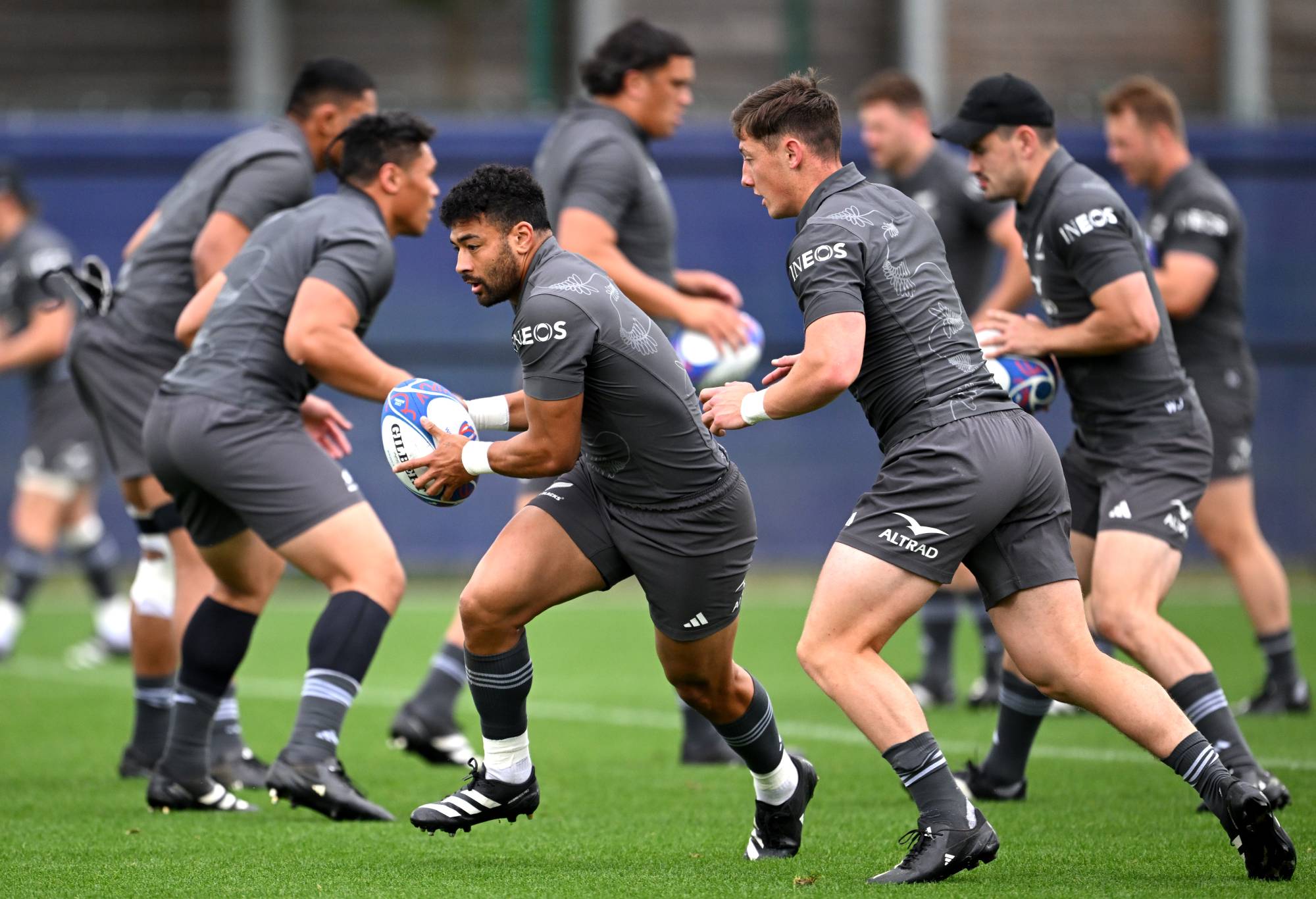 Richie Mo'unga of the All Blacks runs through drills during a New Zealand All Blacks training session at INSEP training grounds on October 12, 2023 in Paris, France. (Photo by Hannah Peters/Getty Images)