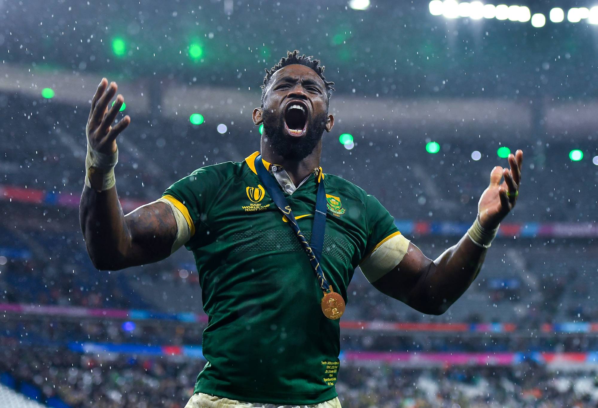 Siya Kolisi of South Africa celebrates at full-time after their team's victory during the Rugby World Cup France 2023 Gold Final match between New Zealand and South Africa at Stade de France on October 28, 2023 in Paris, France. (Photo by Franco Arland/Getty Images)