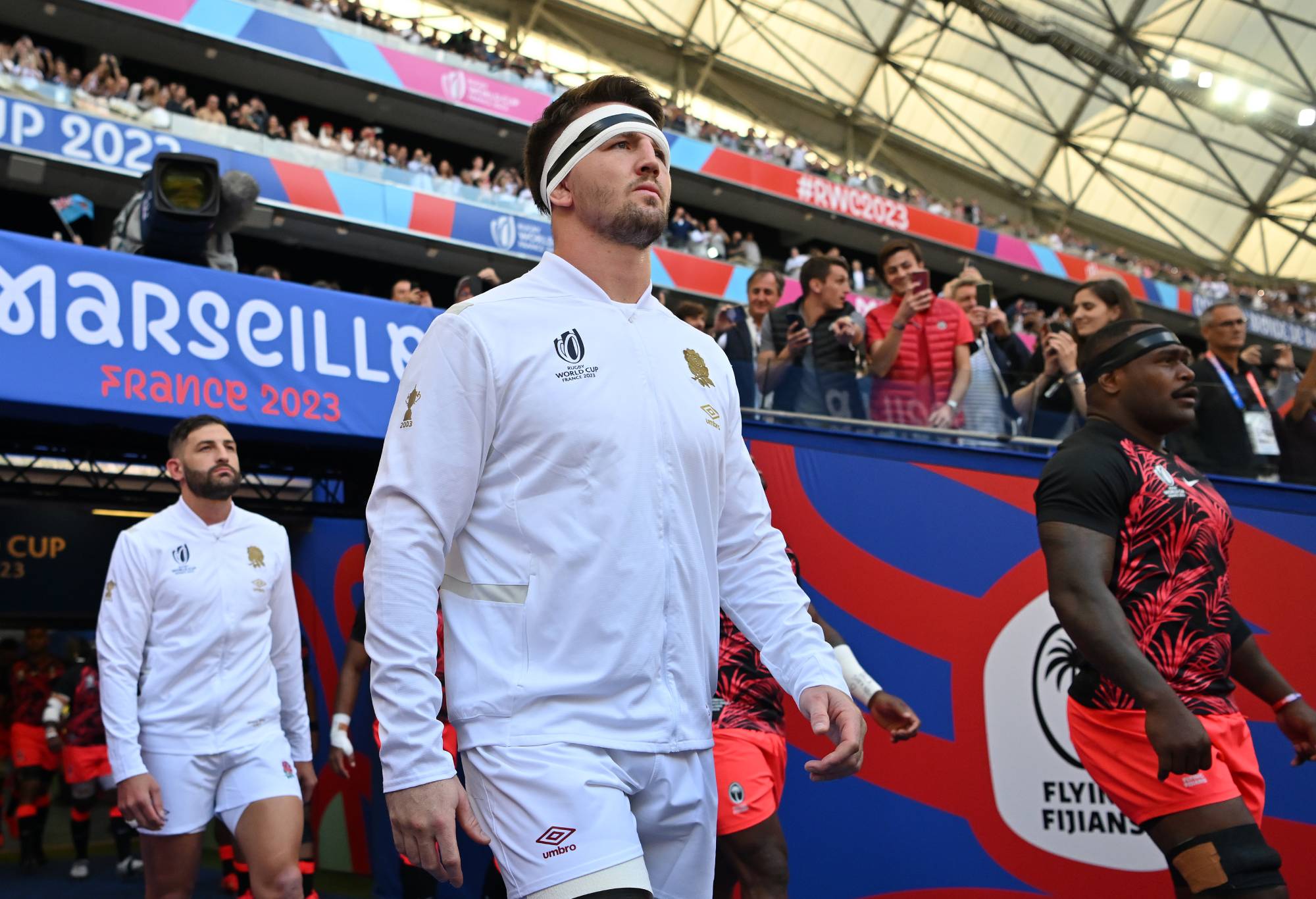 Tom Curry of England makes his way out of the tunnel prior to the Rugby World Cup France 2023 Quarter Final match between England and Fiji at Stade Velodrome on October 15, 2023 in Marseille, France. (Photo by Dan Mullan/Getty Images)