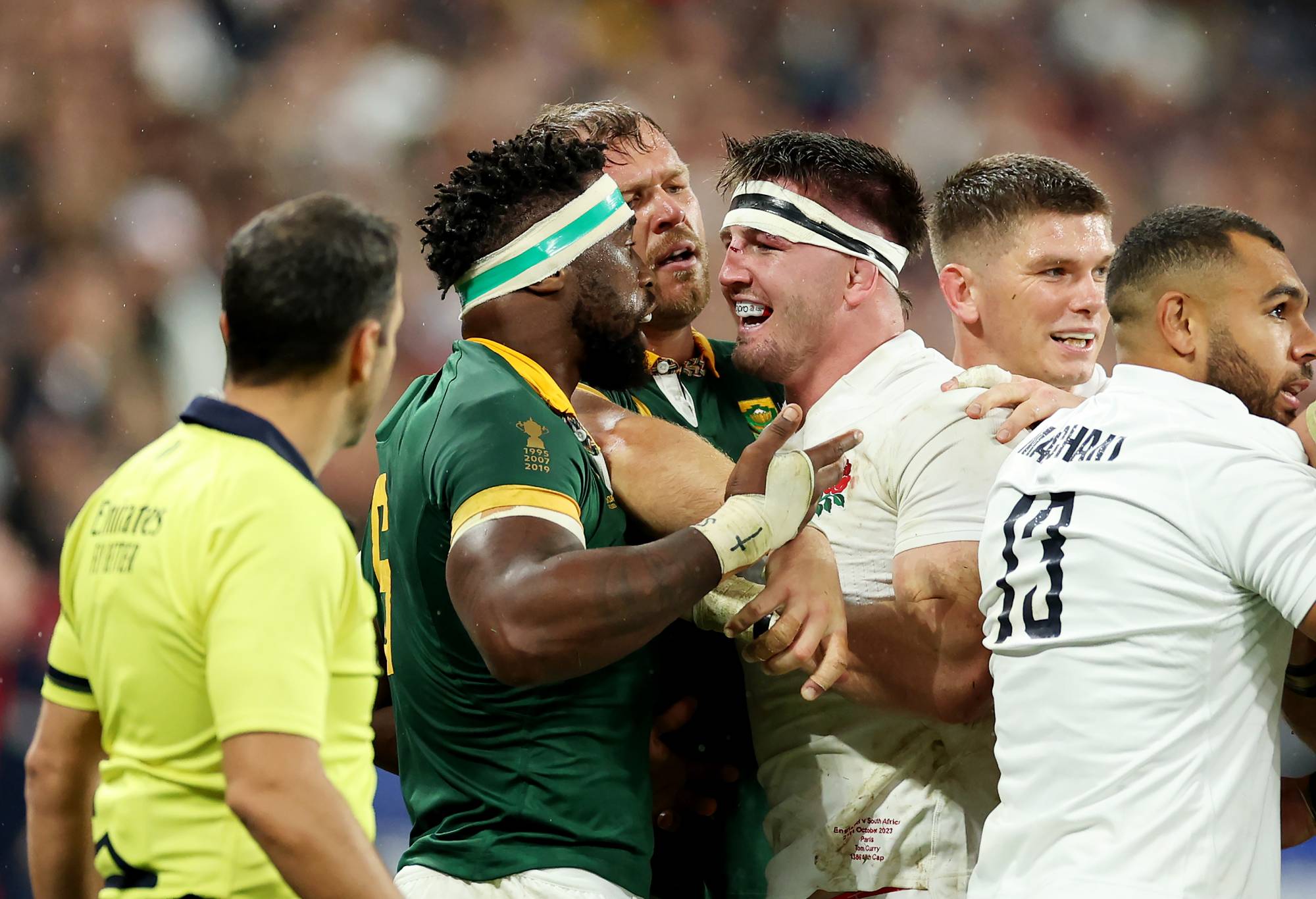 Siya Kolisi of South Africa clashes with Tom Curry of England during the Rugby World Cup France 2023 match between England and South Africa at Stade de France on October 21, 2023 in Paris, France. (Photo by Cameron Spencer/Getty Images)