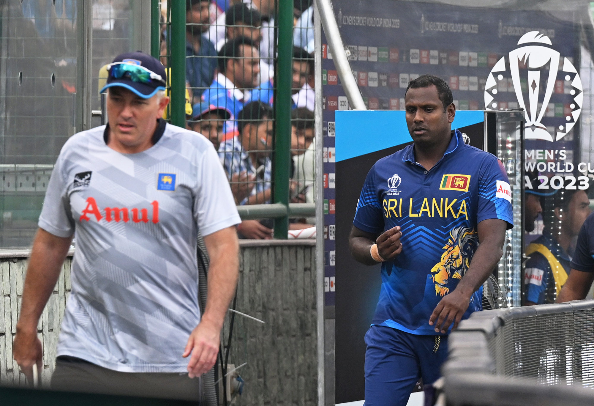 Angelo Mathews leaves the field after being timed out.