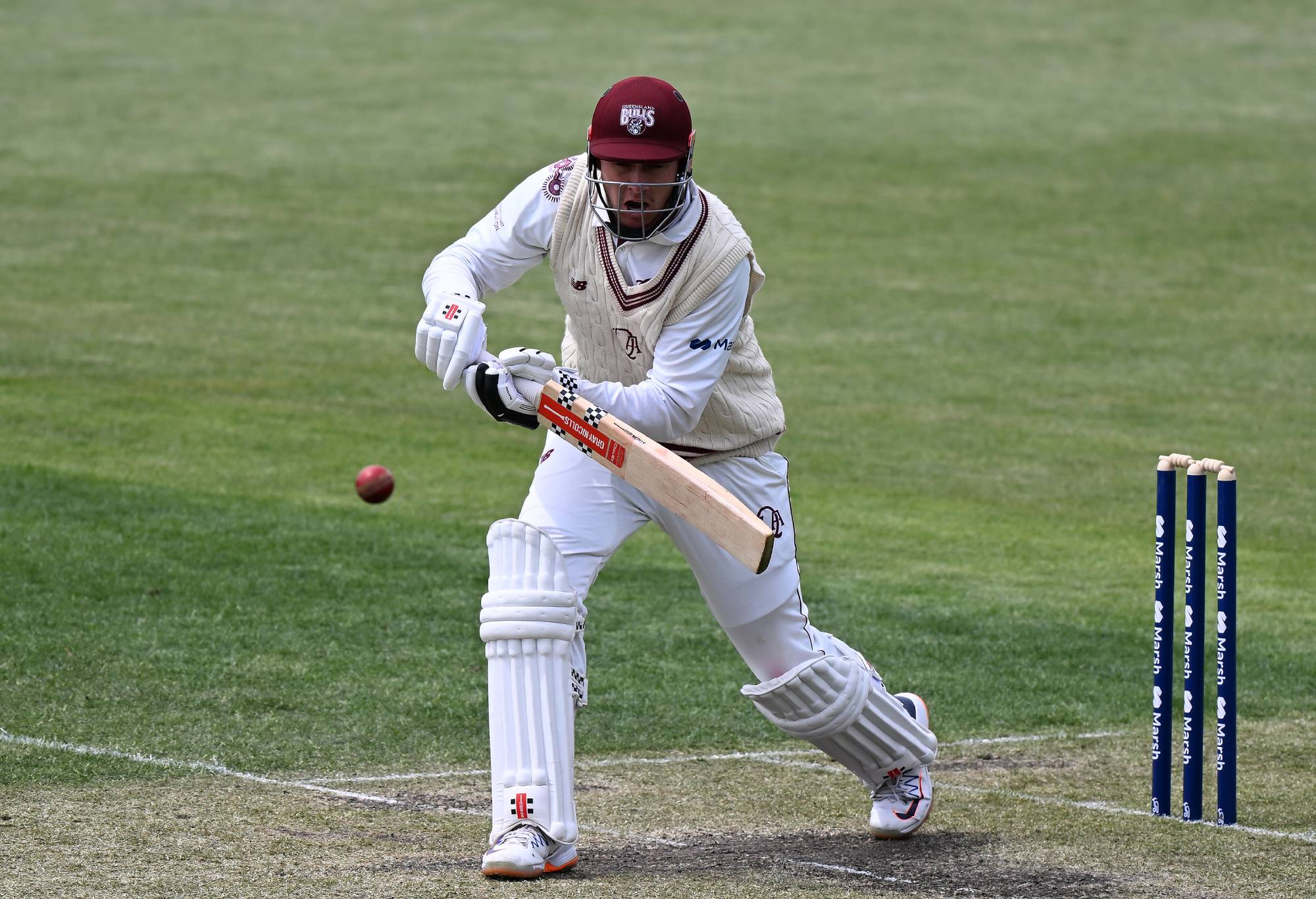 HOBART, AUSTRALIA - OCTOBER 28: Matthew Renshaw of the Bulls bats during the Sheffield Shield match between Tasmania and Queensland at Blundstone Arena, on October 28, 2023, in Hobart, Australia. (Photo by Steve Bell/Getty Images)