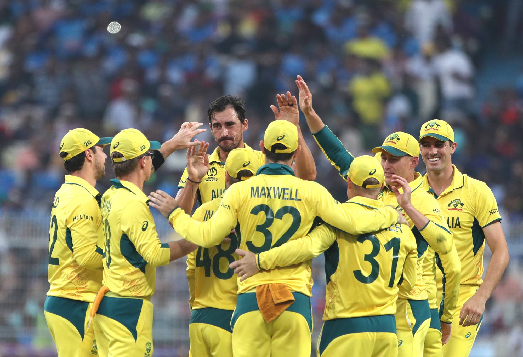 KOLKATA, INDIA - NOVEMBER 16: Australia's Mitchell Starc celebrates the wicket of Aiden Markram of South Africa during the ICC Men's Cricket World Cup 2023 semi final match between South Africa and Australia at Eden Gardens on November 16, 2023 in Kolkata, India. (Photo by Pankaj Nangia/Gallo Images/Getty Images)