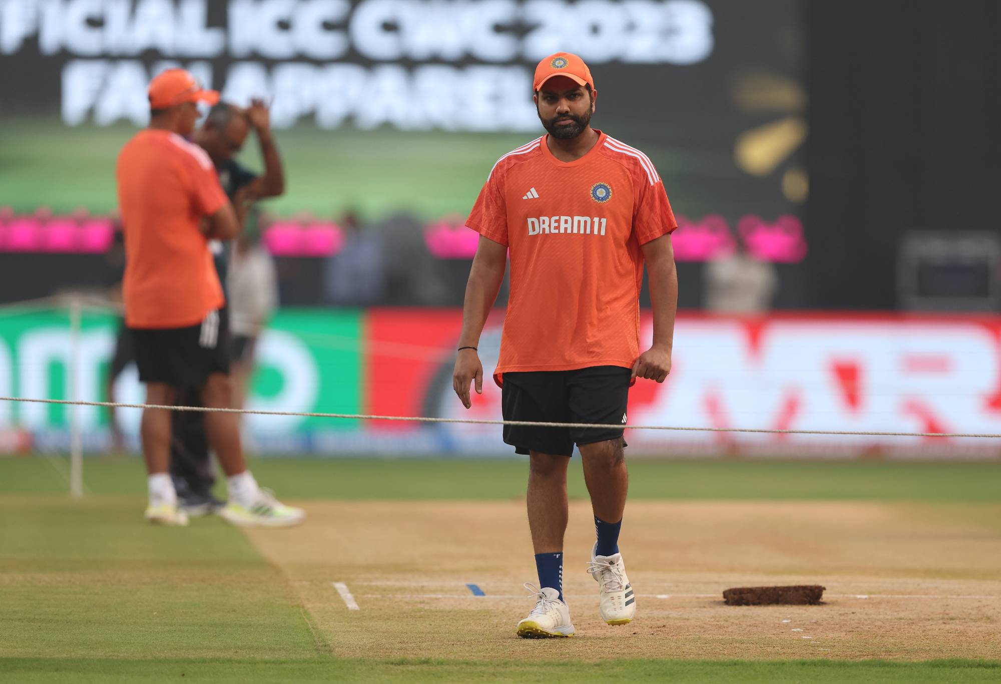 MUMBAI, INDIA - NOVEMBER 14: Rohit Sharma of India inspects the pitch during a India training session at the ICC Men's Cricket World Cup India 2023 at Wankhede Stadium on November 14, 2023 in Mumbai, India. (Photo by Robert Cianflone/Getty Images)