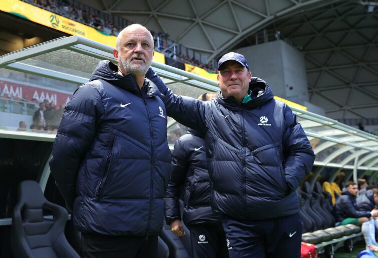 Socceroos head coach Graham Arnold and Assistant Coach, Rene Meulensteen look on during the 2026 FIFA World Cup Qualifier match between Australia Socceroos and Bangladesh at AAMI Park on November 16, 2023 in Melbourne, Australia. (Photo by Kelly Defina/Getty Images)