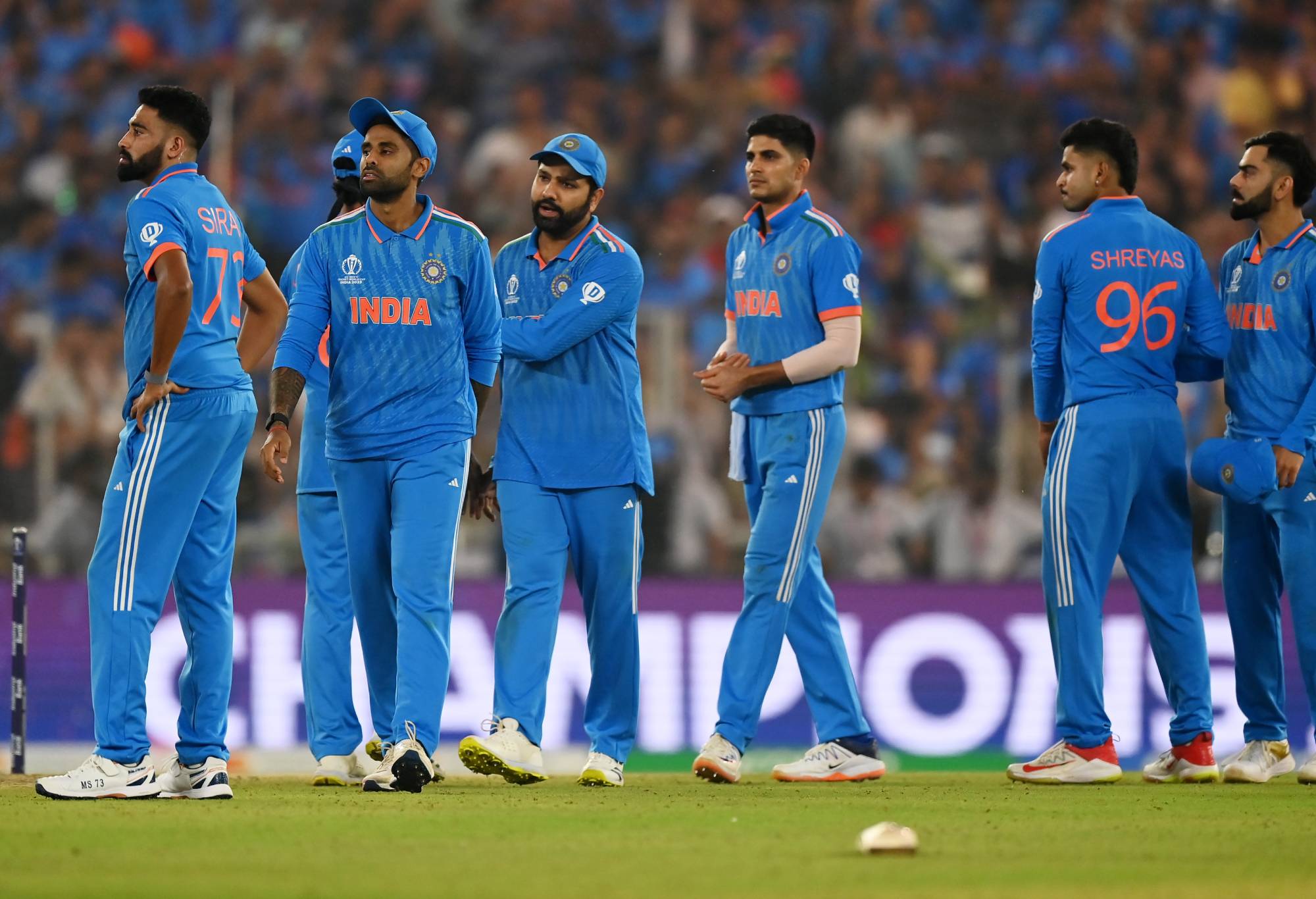 AHMEDABAD, INDIA - NOVEMBER 19: Players of India cut dejected figures following the ICC Men's Cricket World Cup India 2023 Final between India and Australia at Narendra Modi Stadium on November 19, 2023 in Ahmedabad, India. (Photo by Alex Davidson-ICC/ICC via Getty Images)