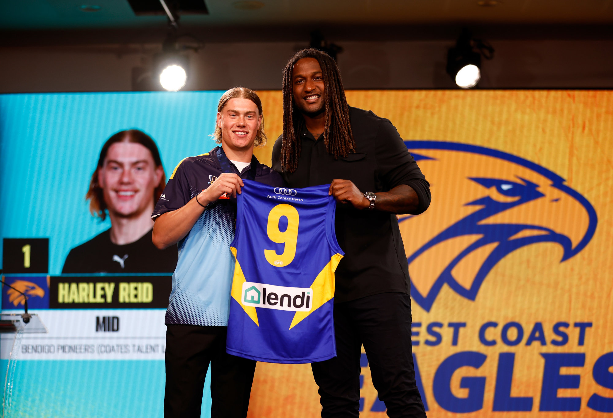 Harley Reid with Nic Naitanui after being selected by West Coast with pick one in the 2023 AFL draft.
