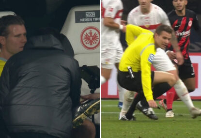 Delay to Bundesliga game after referee suffers an injury while trying to keep up with the play