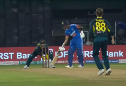 WATCH: Indian backs away late from Zampa's delivery, still middles it with one hand