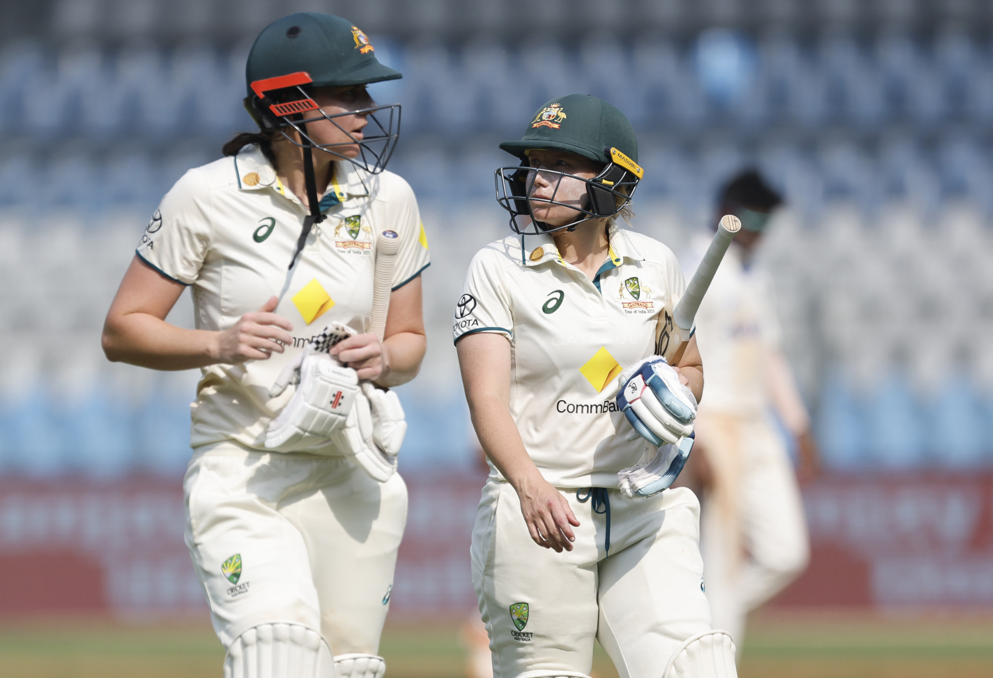 Tahlia McGrath and Alyssa Healy of Australia seen during day three of the Women's Test Match between India and Australia