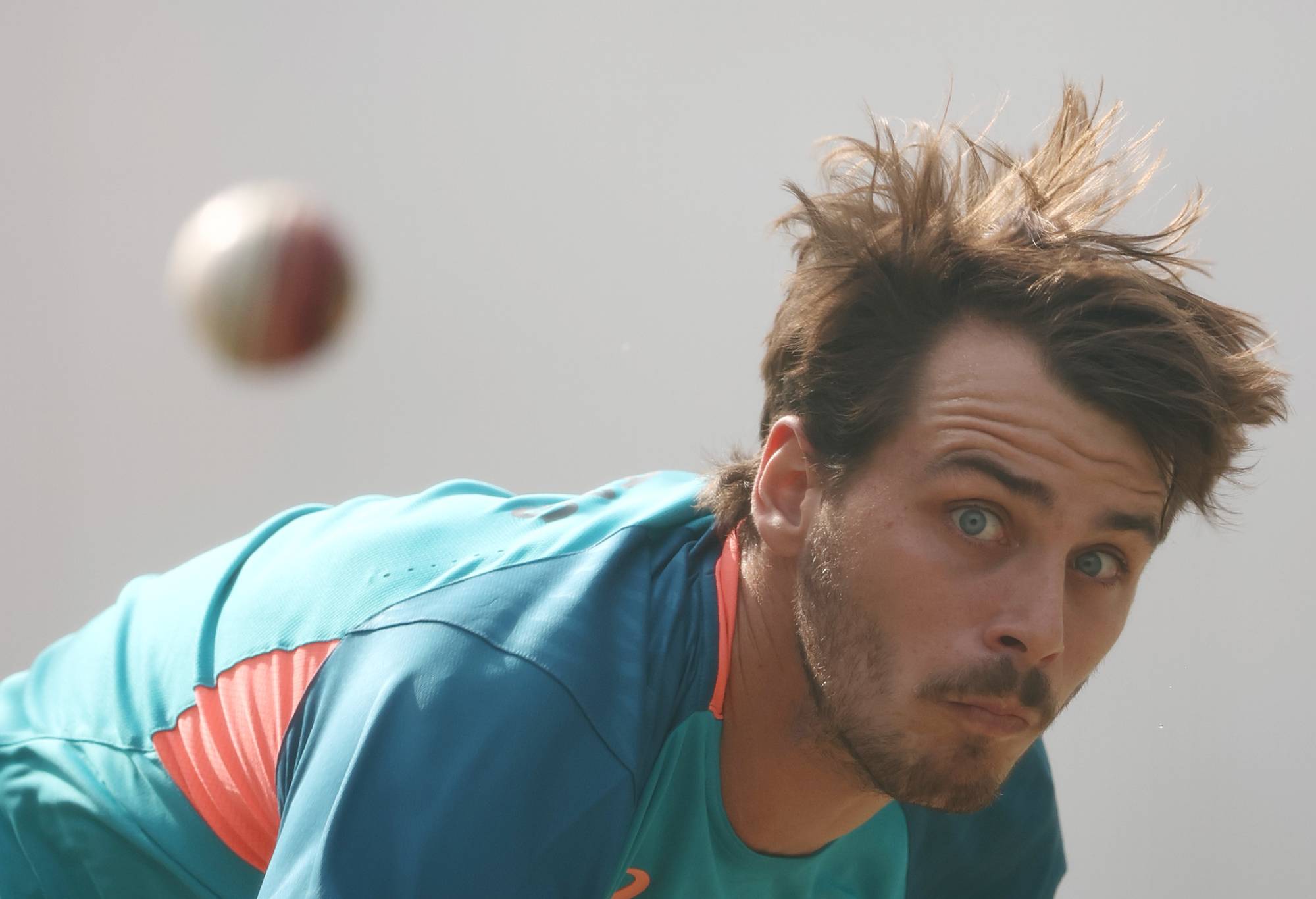 DELHI, INDIA - FEBRUARY 24: Lance Morris of Australia bowls during an Australia Test squad training session at Arun Jaitley Stadium on February 24, 2023 in Delhi, India. (Photo by Robert Cianflone/Getty Images)