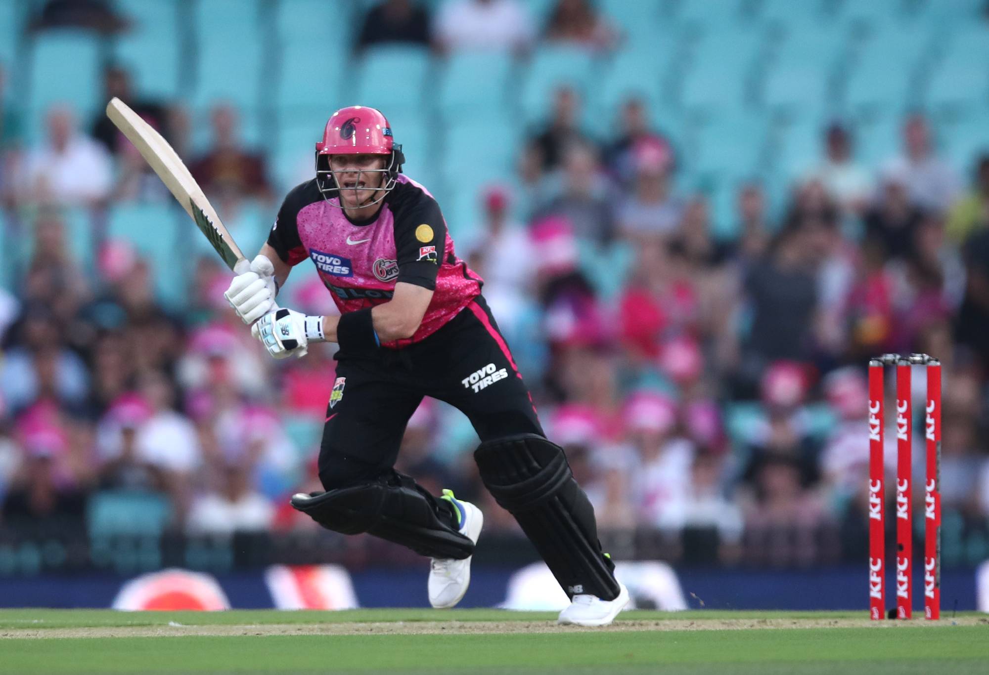 SYDNEY, AUSTRALIA - DECEMBER 08: Steve Smith of the Sixers /baduring the BBL match between Sydney Sixers and Melbourne Renegades at Sydney Cricket Ground on December 08, 2023 in Sydney, Australia. (Photo by Jason McCawley - CA/Cricket Australia via Getty Images)