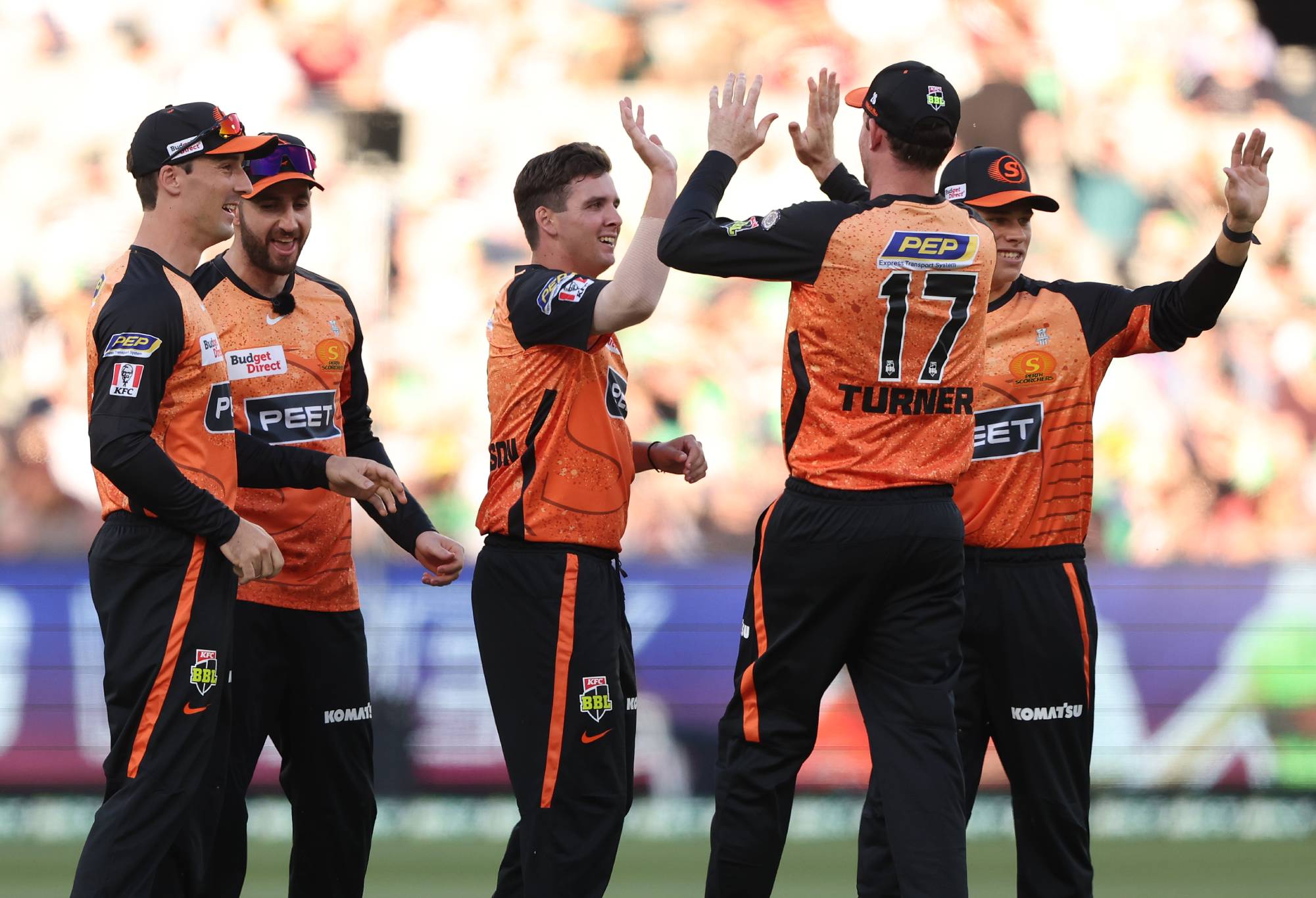 MELBOURNE, AUSTRALIA - DECEMBER 13: Jhye Richardson of the Scorchers celebrates after taking the wicket of Sam Harper of the Stars during the BBL match between Melbourne Stars and Perth Scorchers at Melbourne Cricket Ground, on December 13, 2023, in Melbourne, Australia. (Photo by Robert Cianflone/Getty Images)