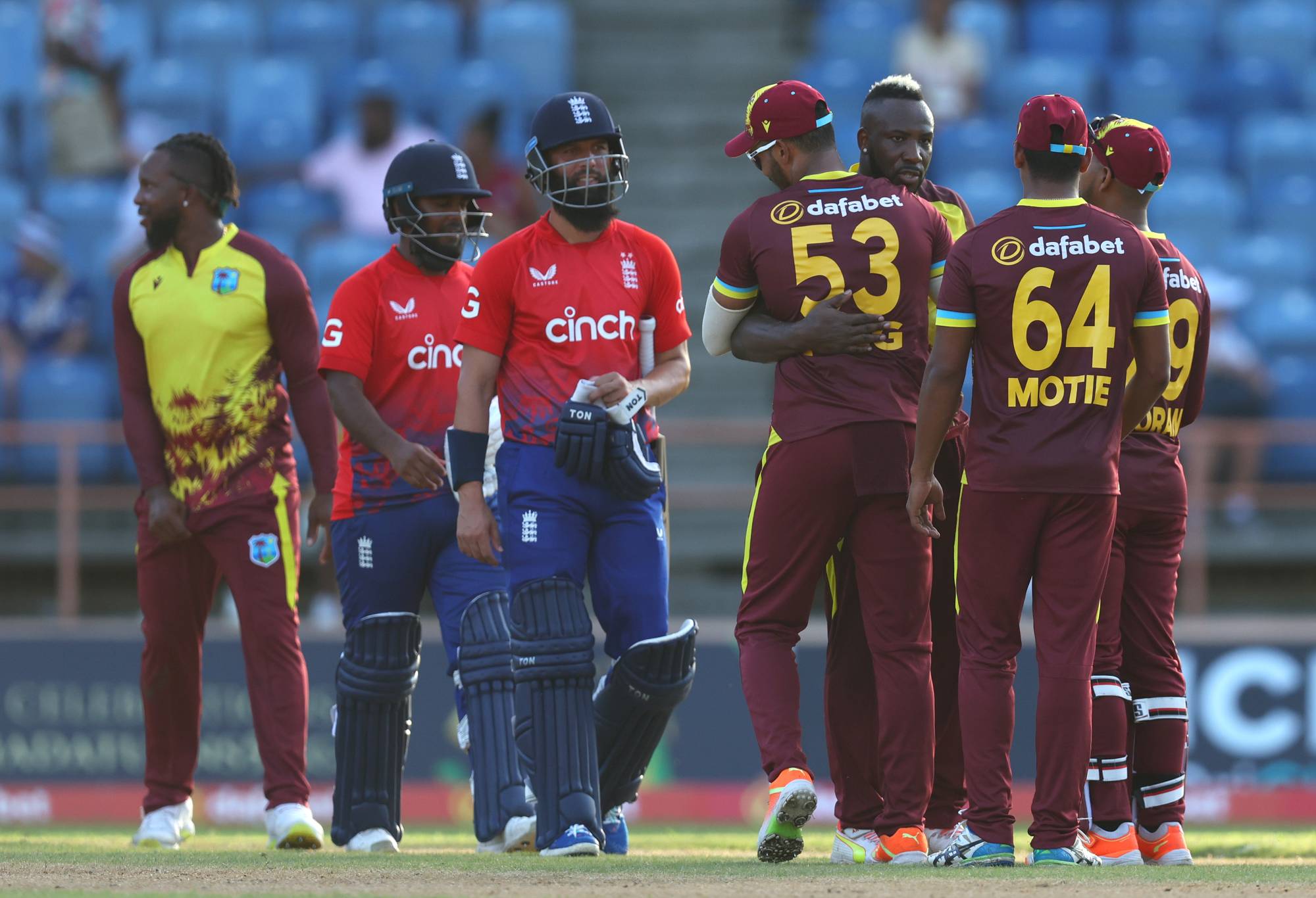 GRENADA, GRENADA - DECEMBER 14: West Indies celebrate victory during the 2nd T20 International match between West Indies and England at the National Cricket Stadium on December 14, 2023 in Grenada, Grenada. (Photo by Ashley Allen/Getty Images)