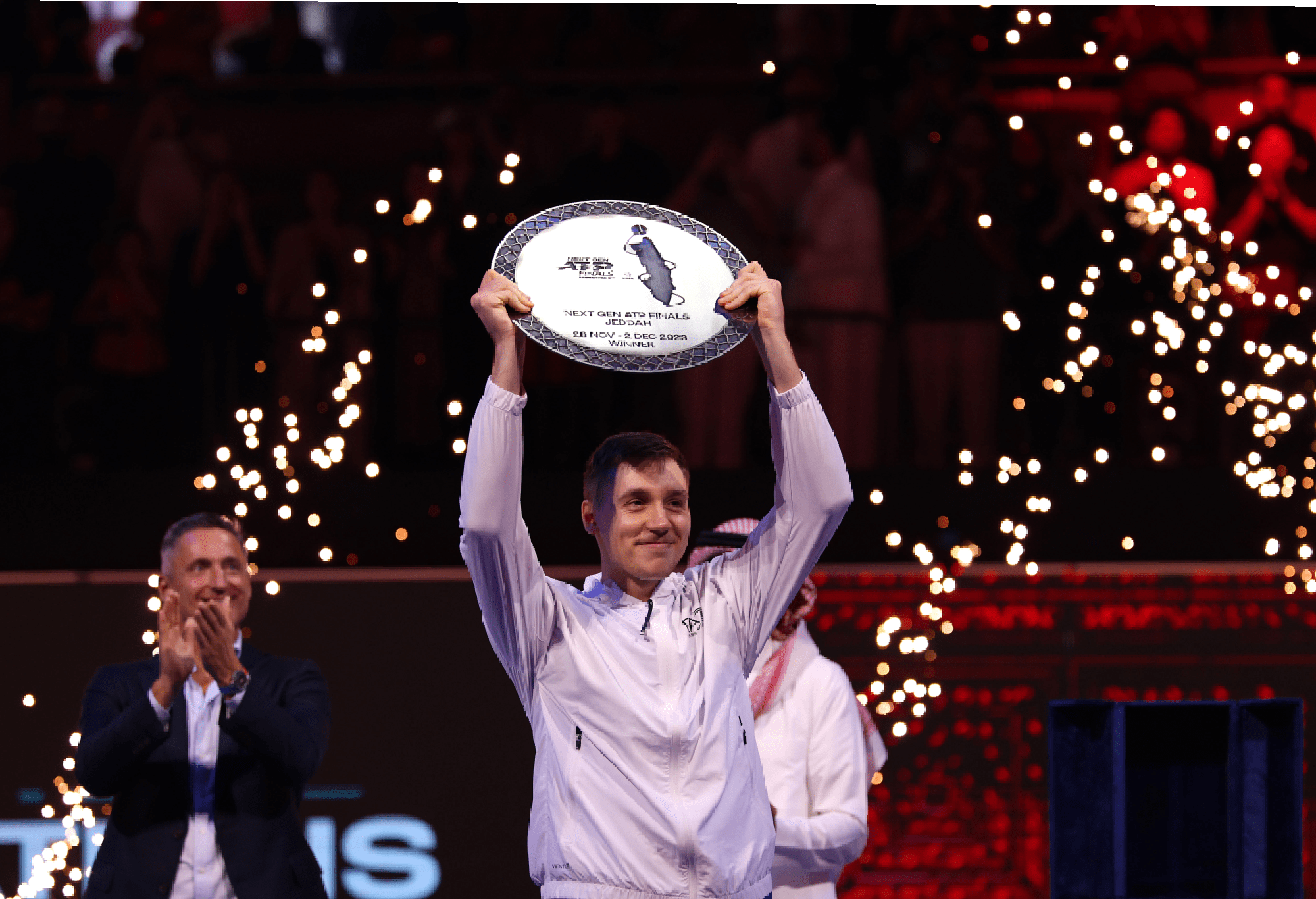 Hamad Medjedovic of Serbia lifts the Next Gen ATP Finals Trophy after winning the final against Arthur Fils of France during day five of the Next Gen ATP Finals at King Abdullah Sports City on December 02, 2023 in Jeddah, Saudi Arabia. (Photo by Adam Pretty/Getty Images)