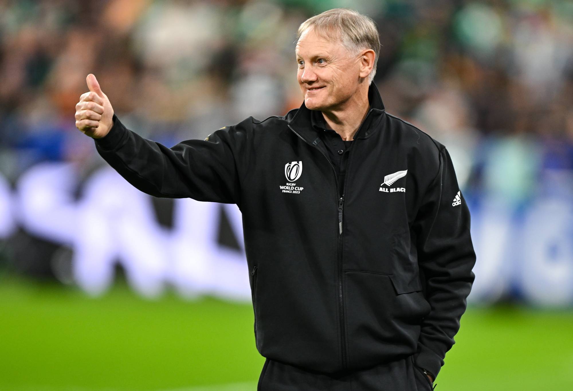 New Zealand assistant coach Joe Schmidt before the 2023 Rugby World Cup quarter-final match between Ireland and New Zealand at the Stade de France in Paris, France. (Photo By Brendan Moran/Sportsfile via Getty Images)