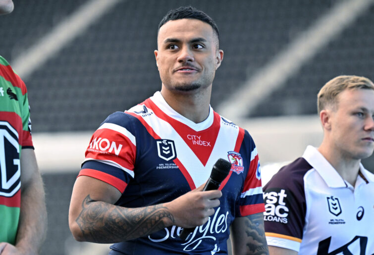 National Rugby League player Spencer Leniu speaks during the National Rugby League – Vegas Promo Tour