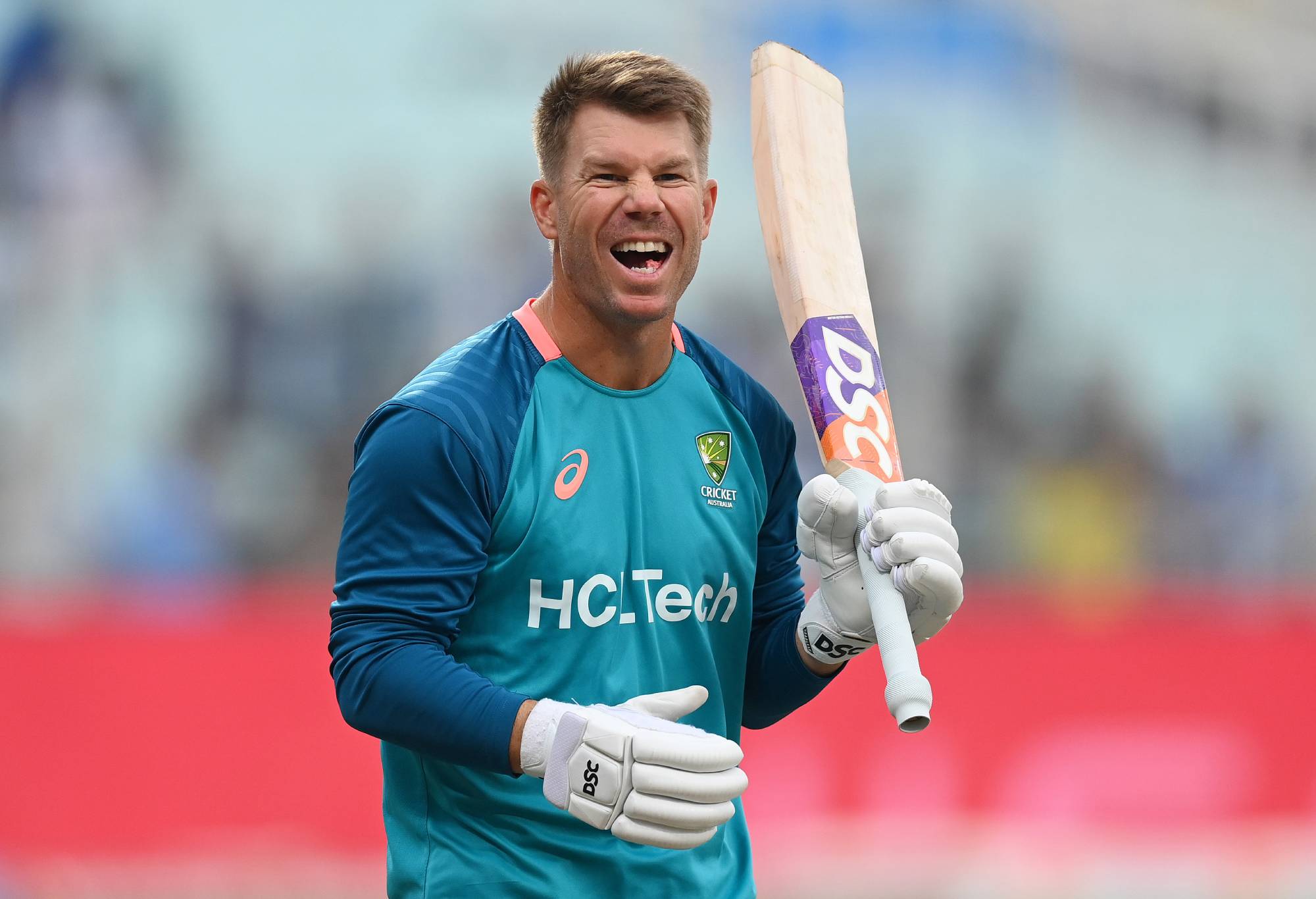 David Warner of Australia reacts during warm up prior to the ICC Men's Cricket World Cup India 2023 Semi Final match between South Africa and Australia at Eden Gardens on November 16, 2023 in Kolkata, India. (Photo by Gareth Copley/Getty Images)