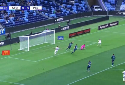 Perth striker ignores unmarked teammate's call for a tap-in... misses badly