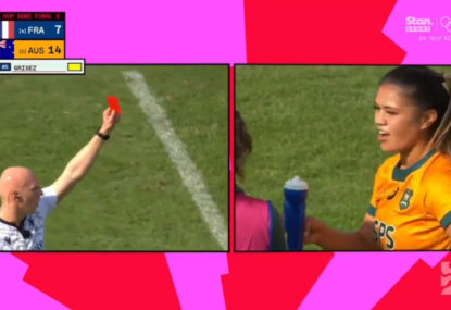 Aussie enforcer cops red for same tackle she was just yellow carded for... still acts surprised