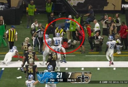 GRAPHIC WARNING: Sideline attendant suffers gruesome broken leg after collision with Saints RB