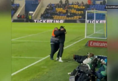 Hilarious moment as extremely slow security man sneaks up to take down pitch invader