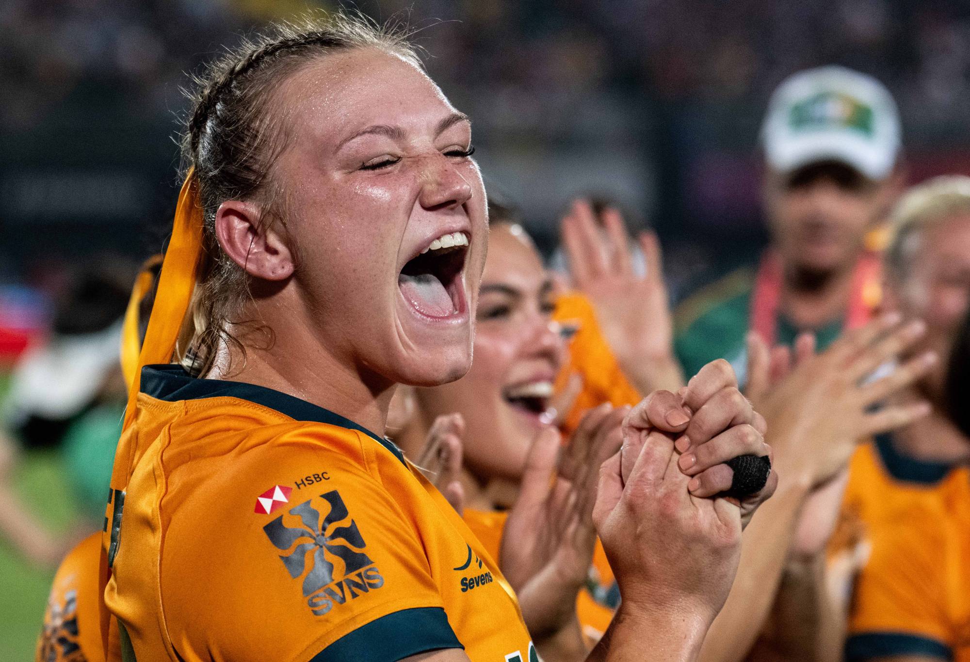 Maddison Levi of Australia reacts after victory in the final against New Zealand during the HSBC SVNS rugby tournament on December 3, 2023 in Dubai, United Arab Emirates. (Photo by Martin Dokoupil/Getty Images)