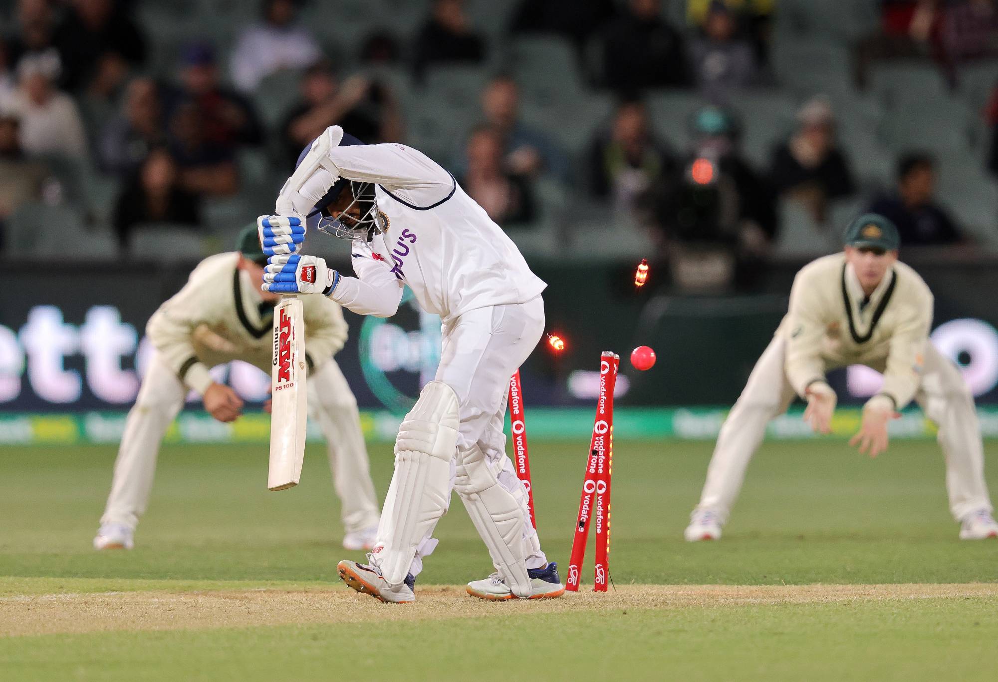 ADELAIDE, AUSTRALIA - DECEMBER 18: Prithvi Shaw of India is bowled by Pat Cummins of Australia during day two of the First Test match between Australia and India at Adelaide Oval on December 18, 2020 in Adelaide, Australia. (Photo by Daniel Kalisz - CA/Cricket Australia via Getty Images)