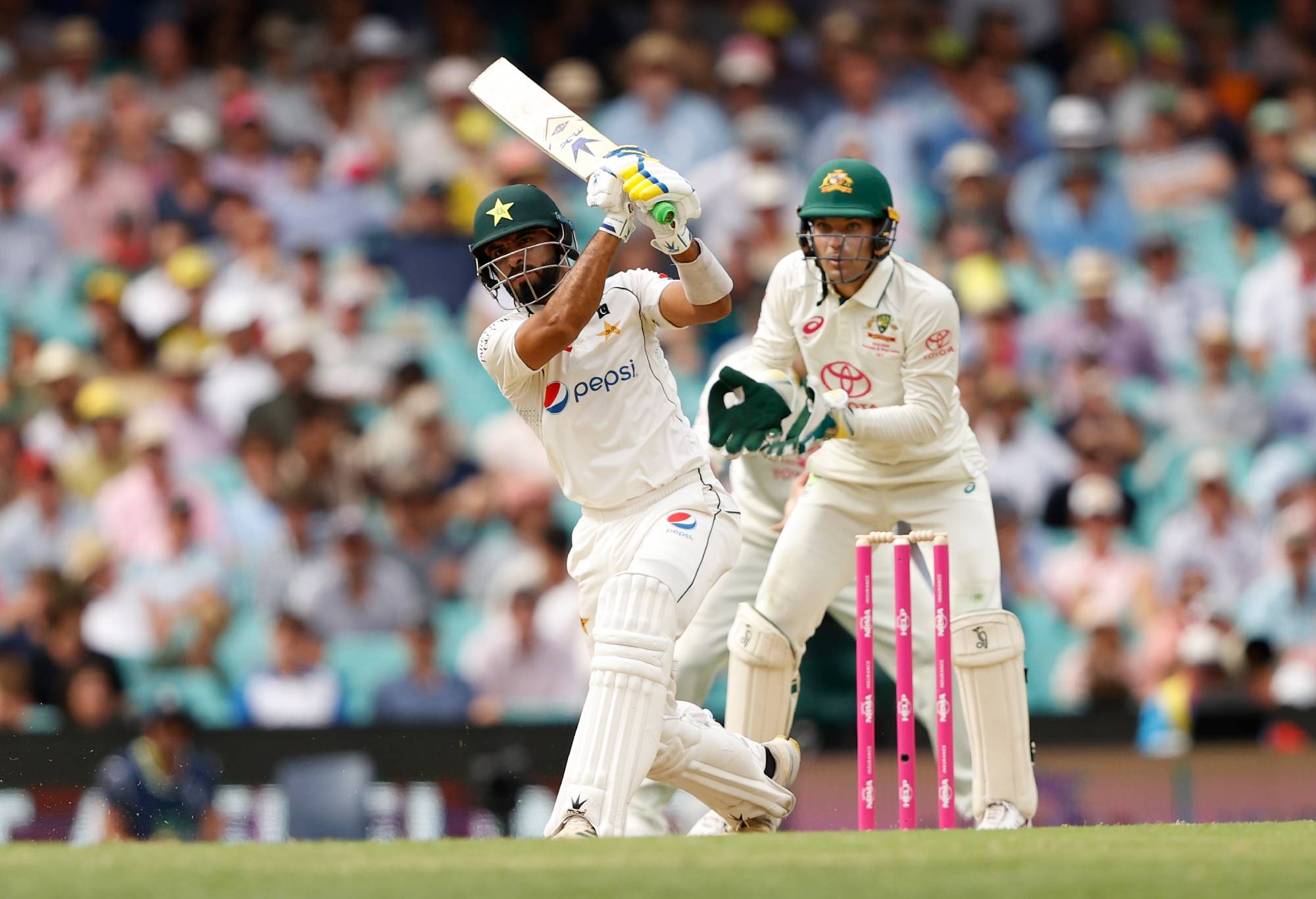 SYDNEY, AUSTRALIA - JANUARY 03: Aamer Jamal of Pakistan plays a shot during day one of the Men's Third Test Match in the series between Australia and Pakistan at Sydney Cricket Ground on January 03, 2024 in Sydney, Australia. (Photo by Darrian Traynor/Getty Images)