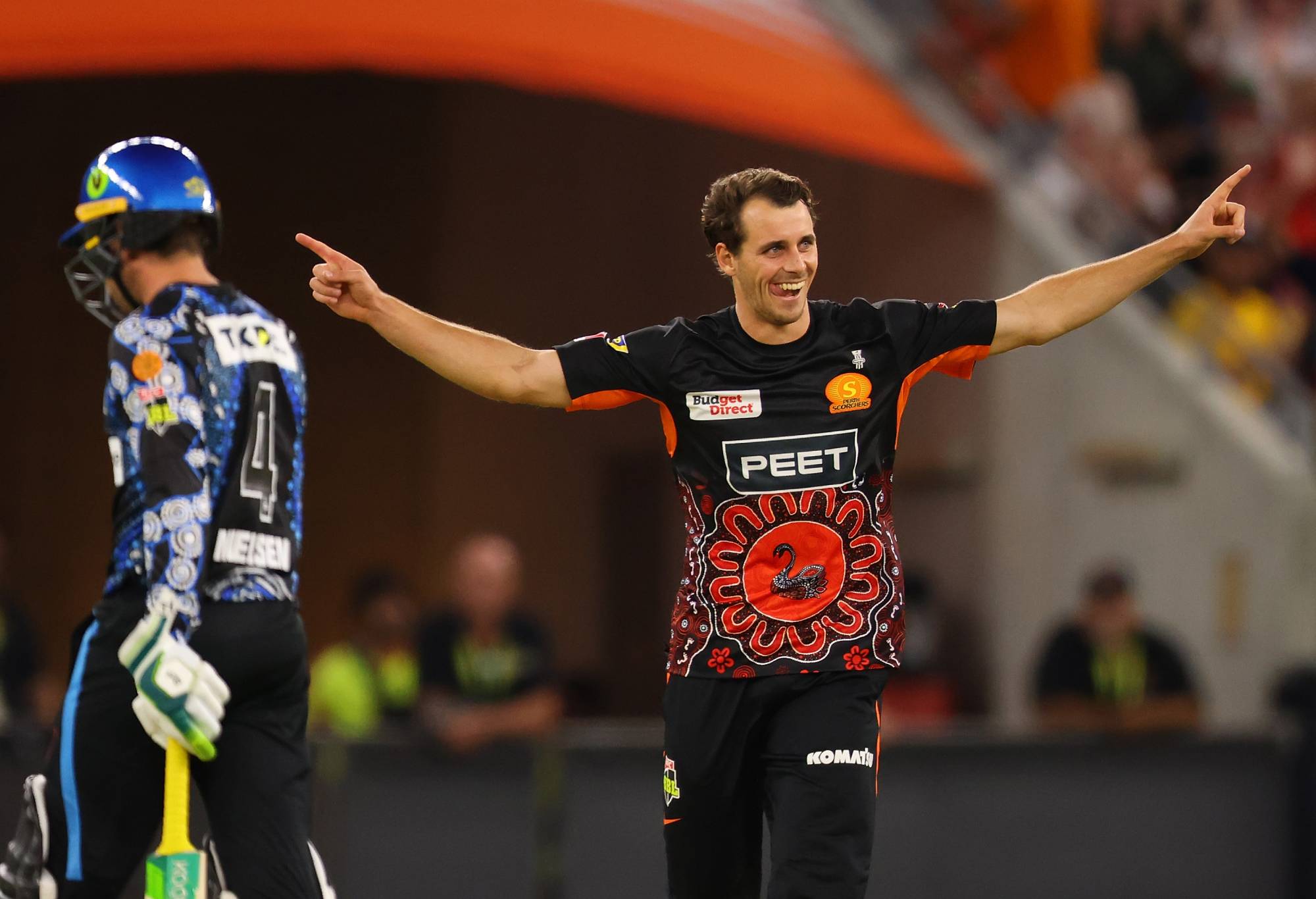 PERTH, AUSTRALIA - JANUARY 03: Lance Morris of the Scorchers celebrates his 5th wicket during the BBL match between Perth Scorchers and Adelaide Strikers at Optus Stadium, on January 03, 2024, in Perth, Australia. (Photo by James Worsfold/Getty Images)