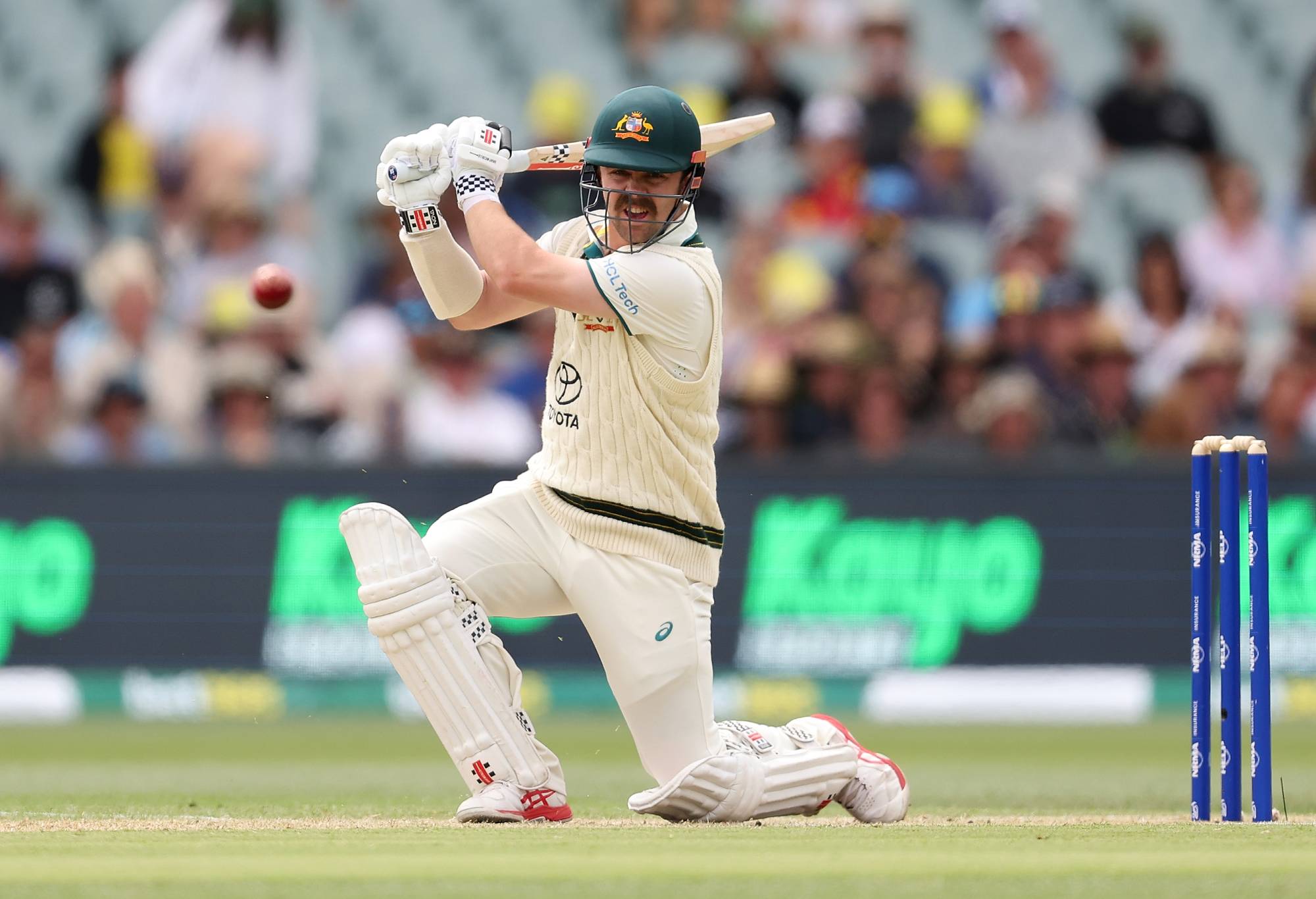 ADELAIDE, AUSTRALIA - JANUARY 18: Travis Head of Australia bats during day two of the First Test in the Mens Test match series between Australia and West Indies at Adelaide Oval on January 18, 2024 in Adelaide, Australia. (Photo by Paul Kane/Getty Images)