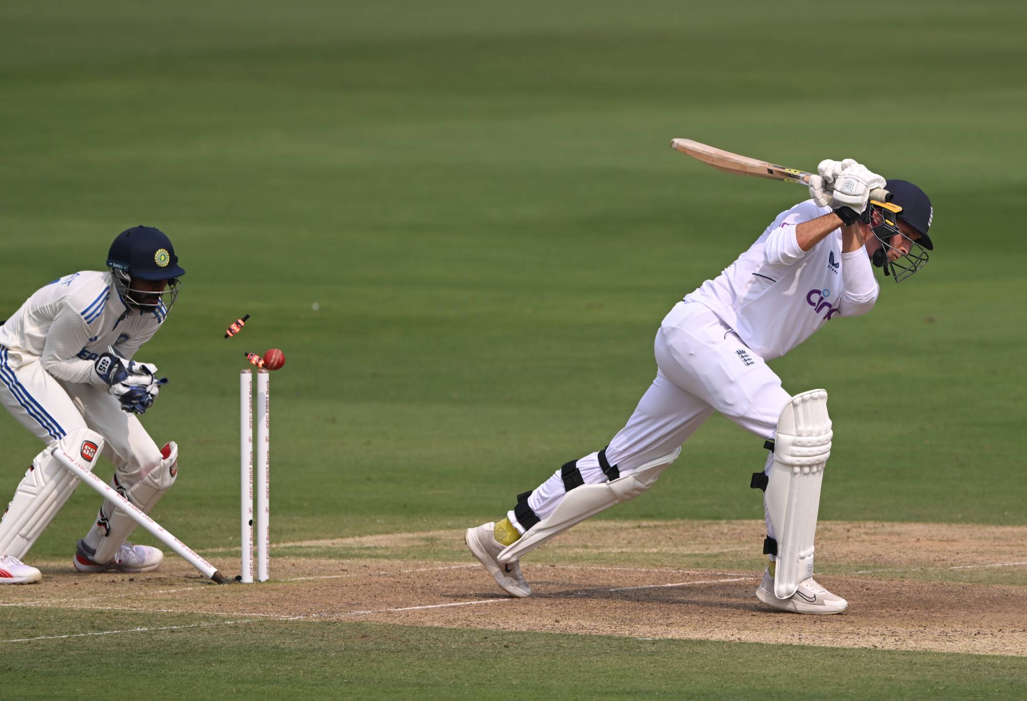 HYDERABAD, INDIA - JANUARY 25: Tom Hartley of England is bowled by Ravindra Jadeja of India during day one of the 1st Test Match between India and England at Rajiv Gandhi International Stadium on January 25, 2024 in Hyderabad, India. (Photo by Stu Forster/Getty Images)