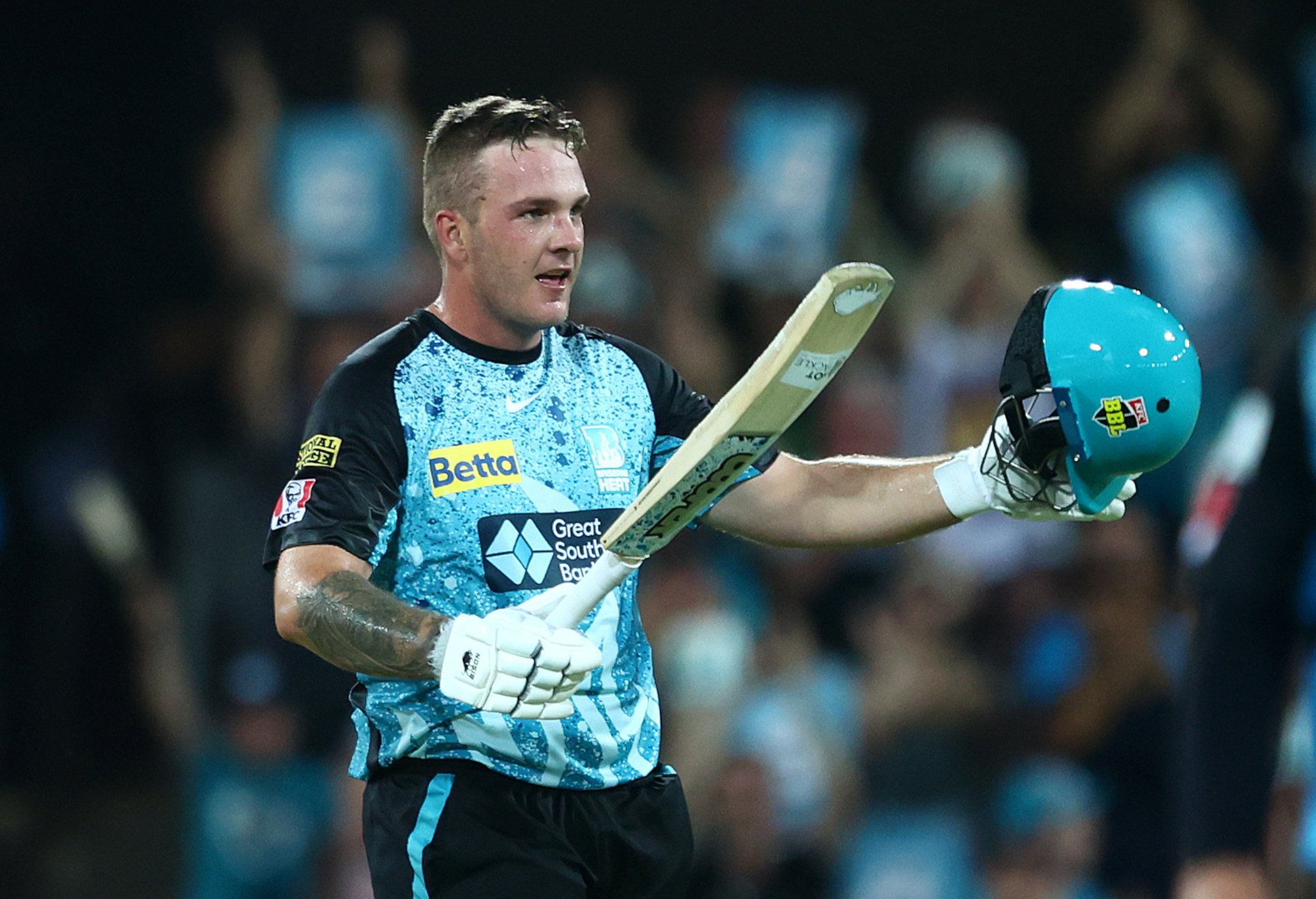 Josh Brown celebrates a century during the BBL Challenger final.