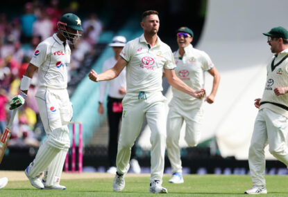 Hazlewood's triple-strike outdoes Pakistan quick's six-for as tourists suffer horror final session collapse
