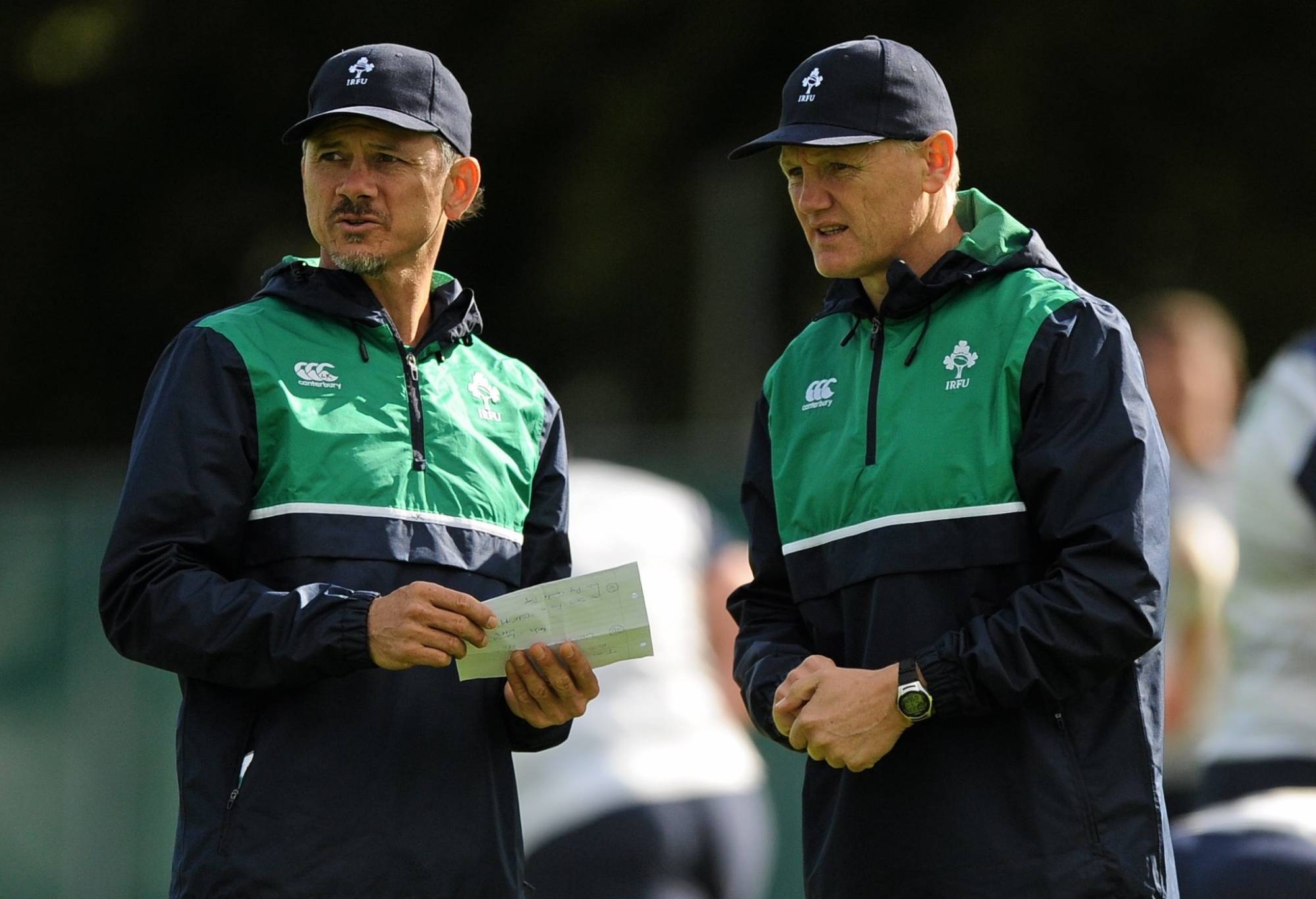 Ireland head coach Joe Schmidt, right, and assistant coach Les Kiss, left, discuss exercises during squad training. Carton House, Maynooth, Co. Kildare. Picture credit: Seb Daly / SPORTSFILE (Photo by Sportsfile/Corbis/Sportsfile via Getty Images)