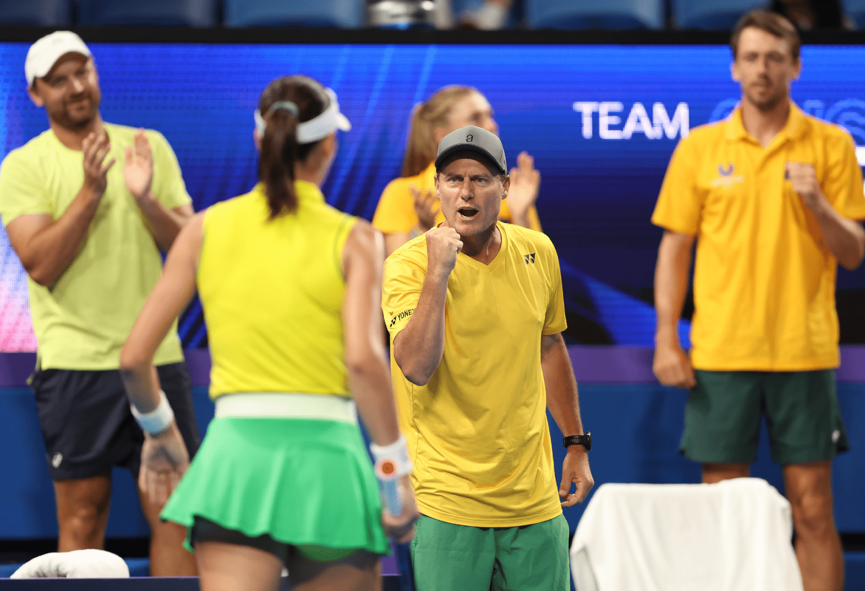 Team Australia captain Lleyton Hewitt congratulates Ajla Tomljanovic after winning a game in her singles match against Jessica Pegula of Team USA during day four of the 2024 United Cup at RAC Arena on January 01, 2024 in Perth, Australia. (Photo by Paul Kane/Getty Images)