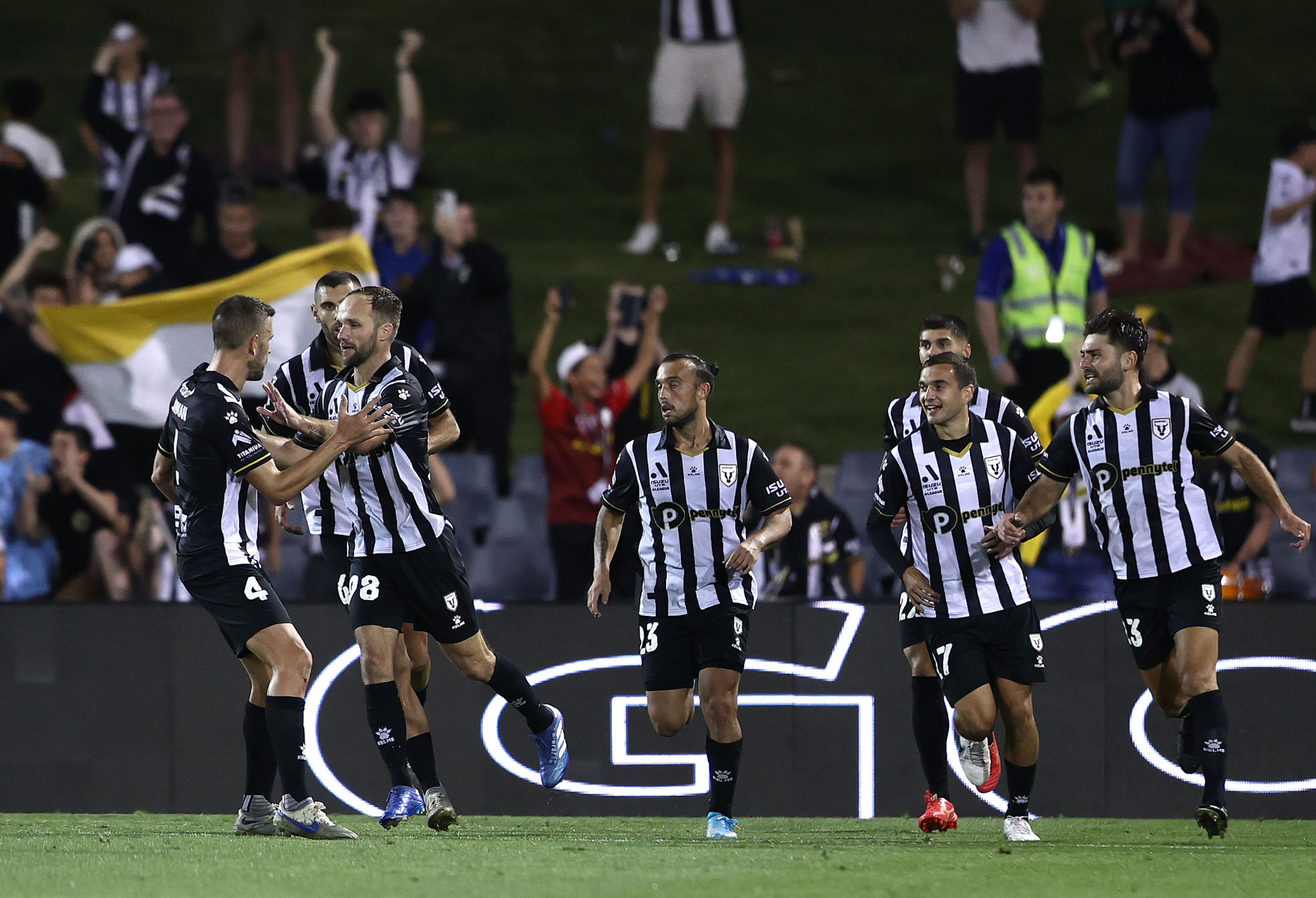 Macarthur Celebrate Penalty Against Newcastle