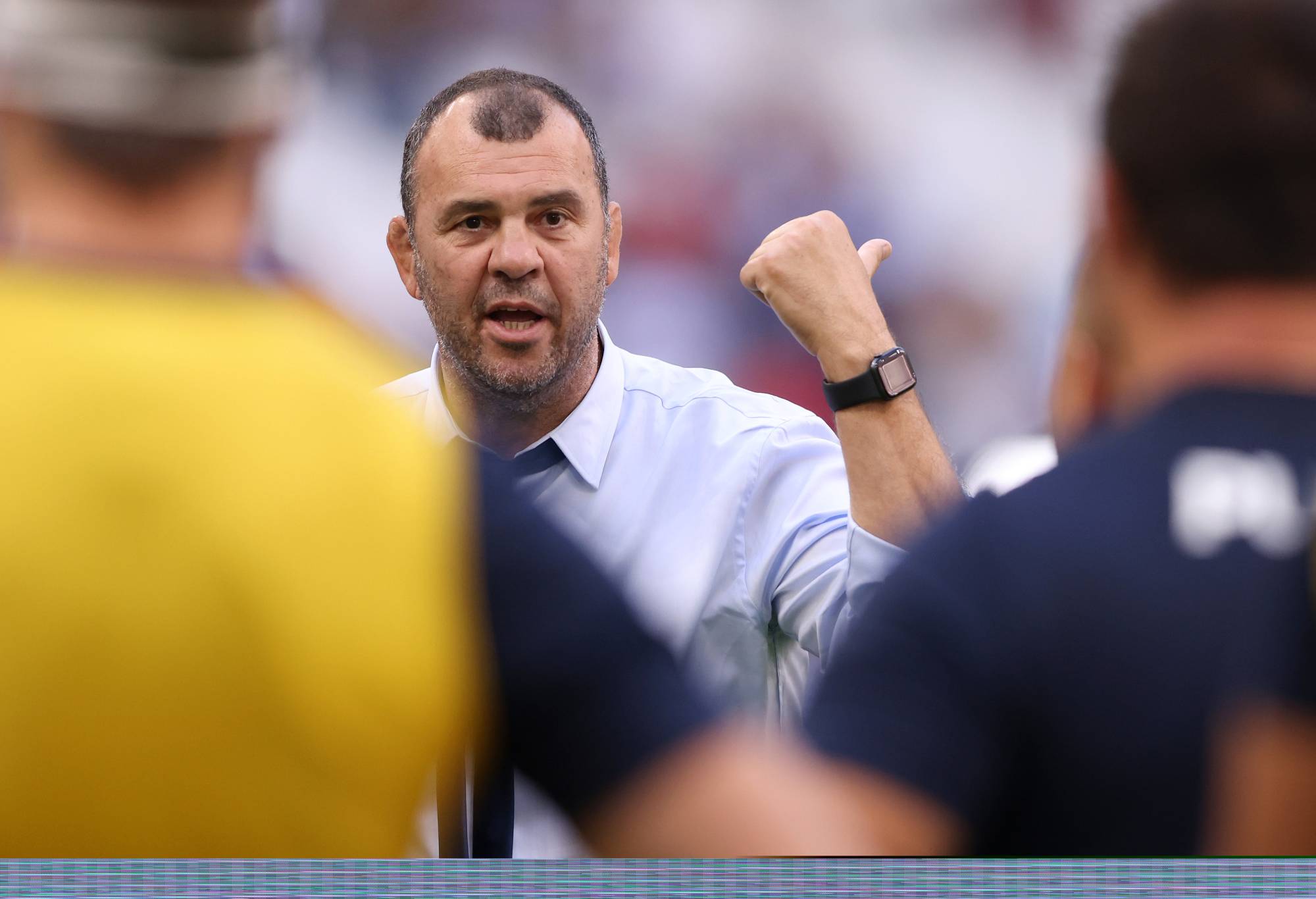 Michael Cheika, Head Coach of Argentina reacts prior to the Rugby World Cup France 2023 Quarter Final match between Wales and Argentina at Stade Velodrome on October 14, 2023 in Marseille, France. (Photo by Paul Harding/Getty Images)