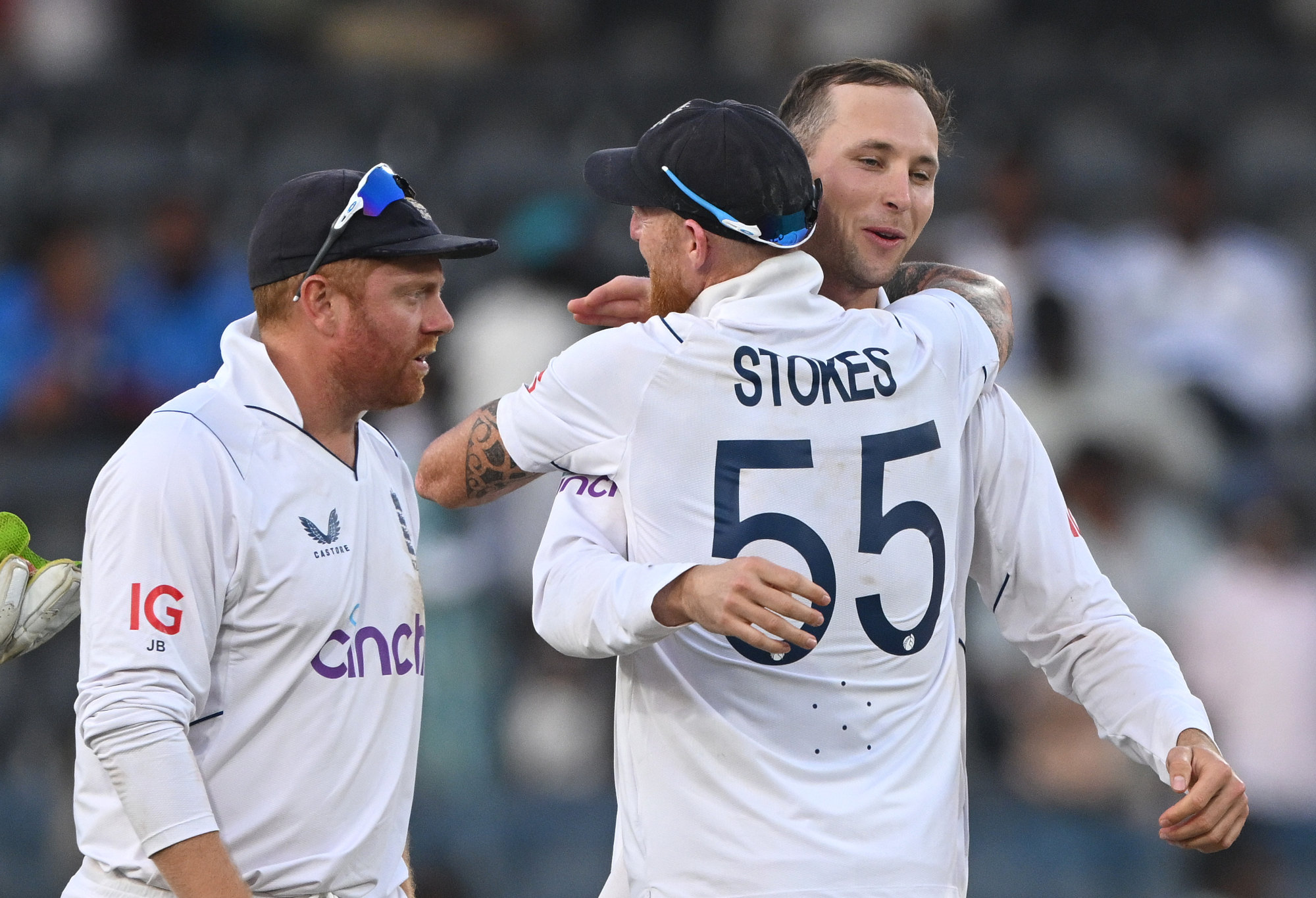 England bowler Tom Hartley celebrates with Ben Stokes after the final wicket against India
