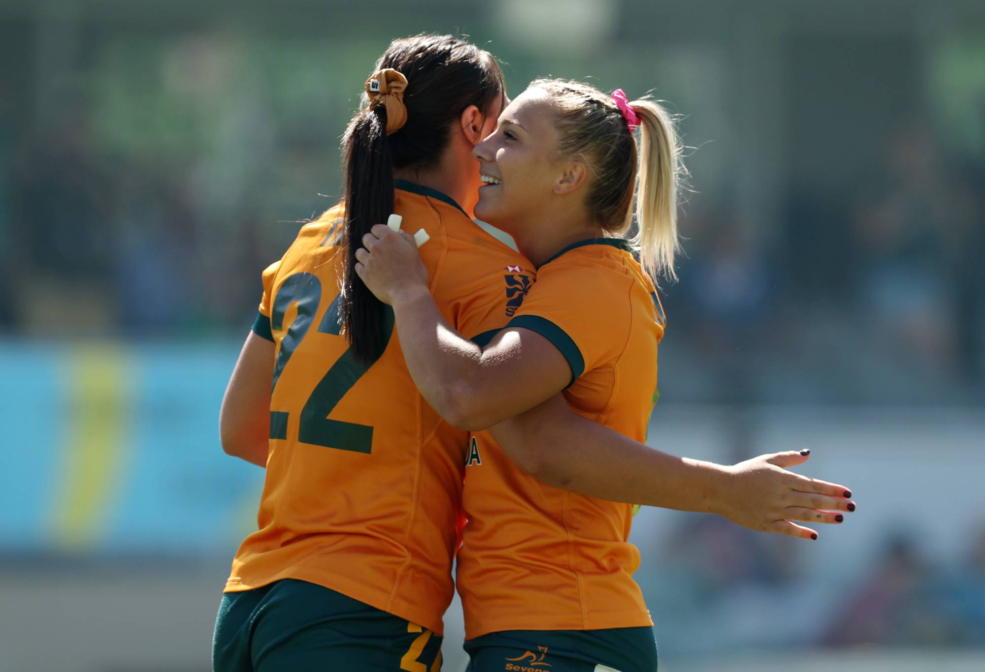 Bienne Terita of Australia celebrates a try during the 2024 Perth SVNS women's match between Australia and RSA at HBF Park on January 26, 2024 in Perth, Australia. (Photo by Will Russell/Getty Images)