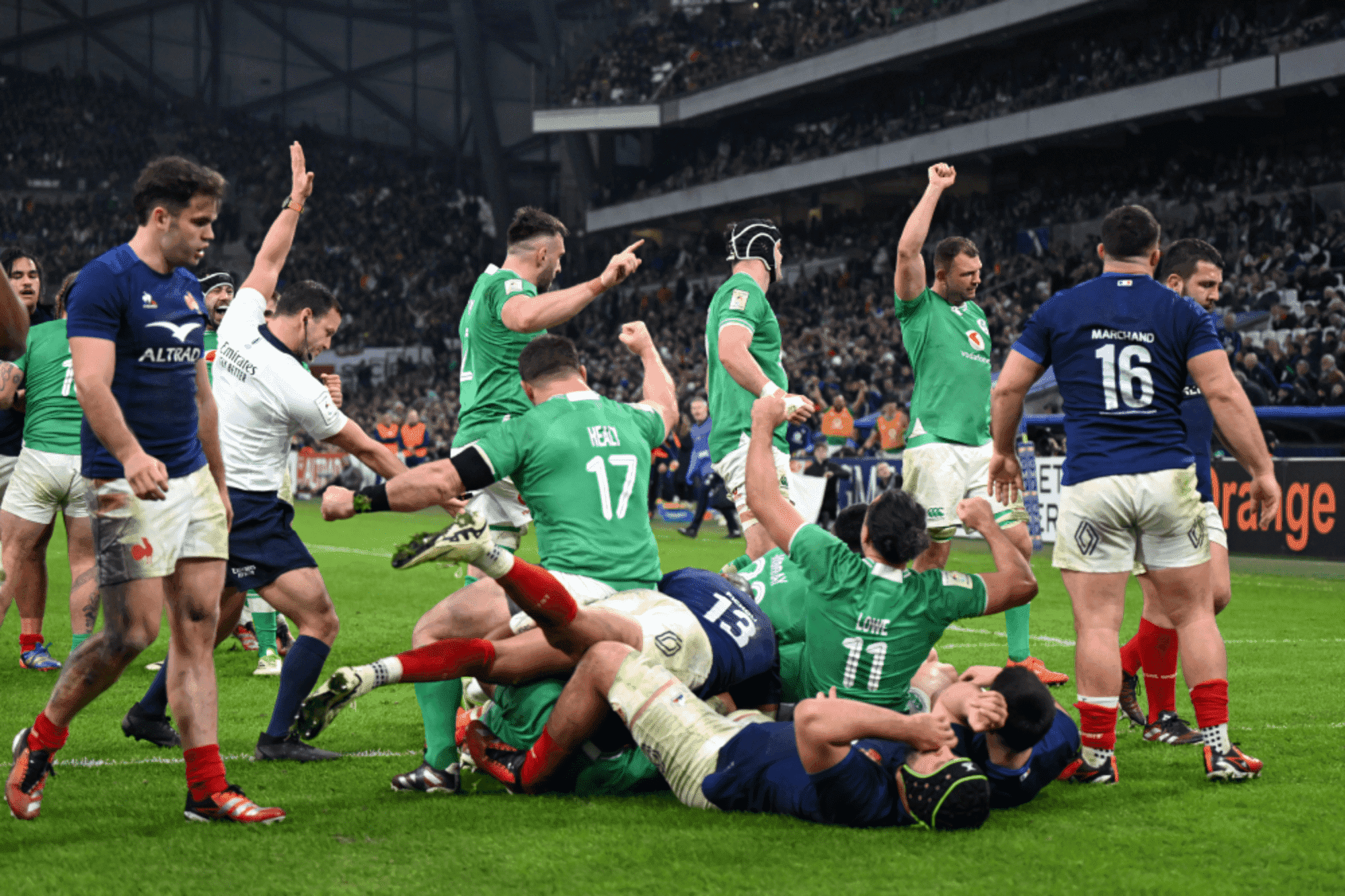 Ronan Kelleher of Ireland (obscured) scores his team's fifth try during the Guinness Six Nations 2024 match between France and Ireland at Orange Velodrome on February 02, 2024 in Marseille, France. (Photo by Shaun Botterill/Getty Images)