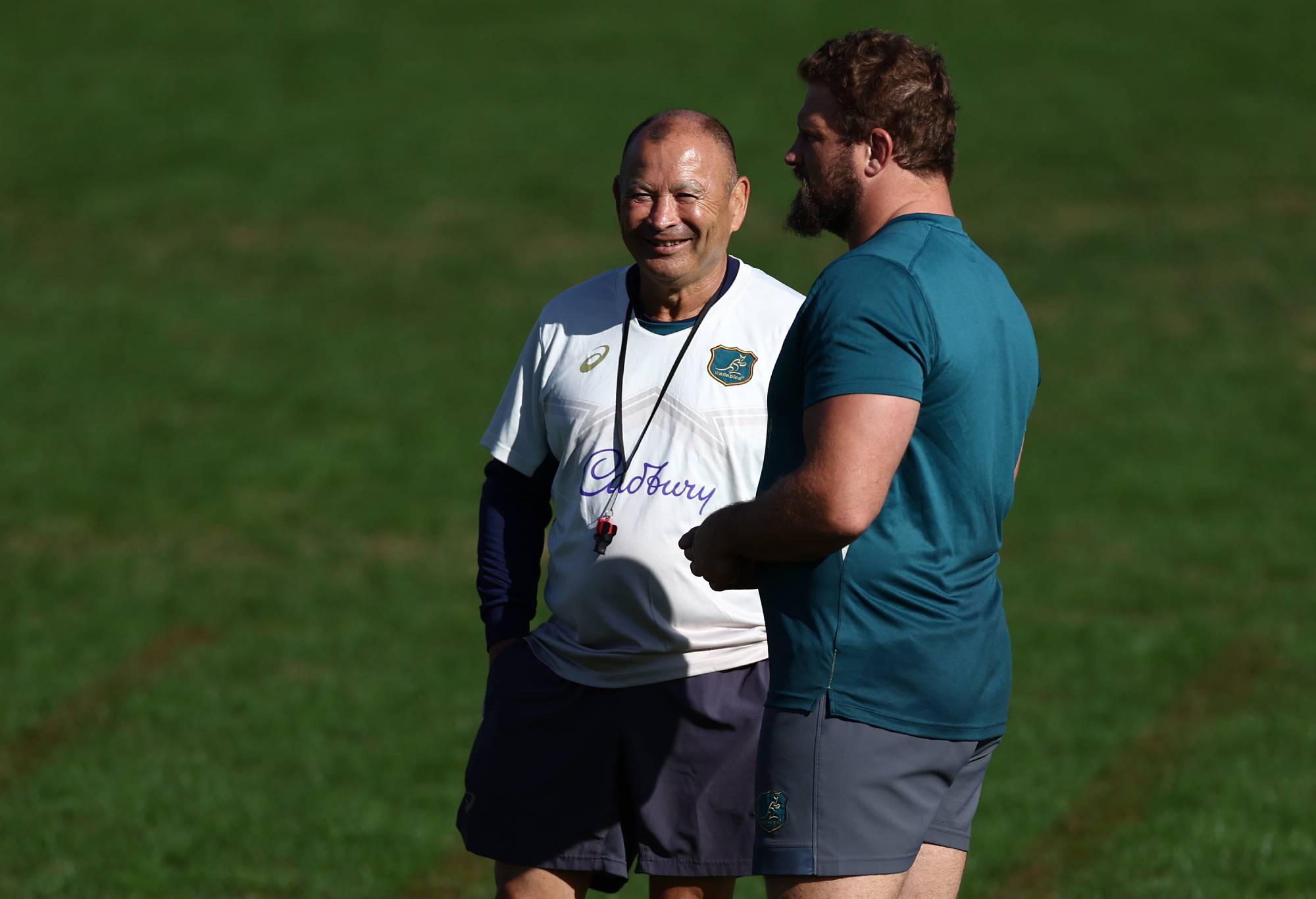 Head Coach, Eddie Jones talk with James Slipper during a Wallabies training session ahead of their Rugby World Cup France 2023 match, at Stade Roger Baudras on September 28, 2023 in Saint-Etienne, France. (Photo by Chris Hyde/Getty Images)