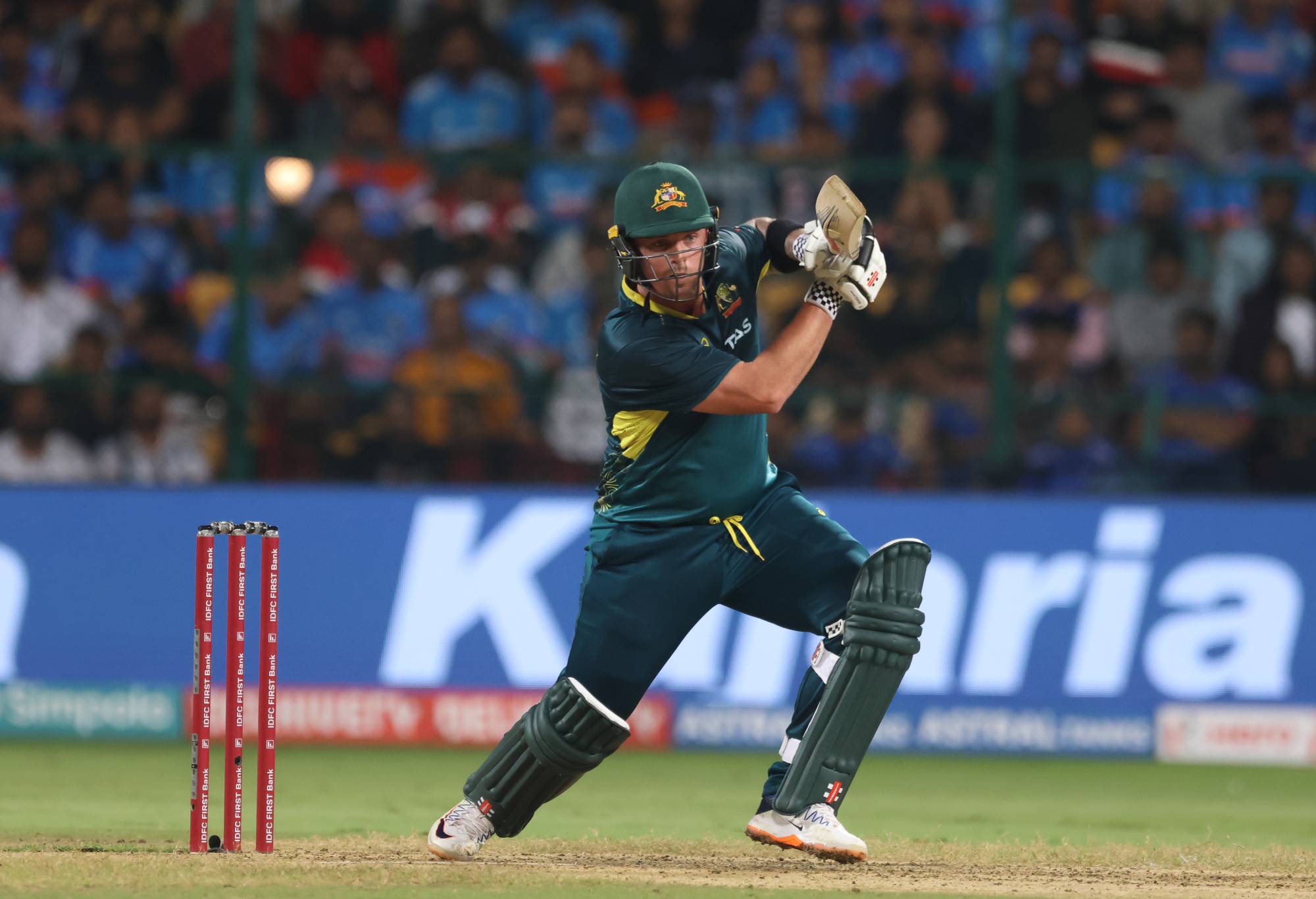 BANGALORE, INDIA - DECEMBER 3: Ben McDermott of Australia plays a shot during game five of the T20 International series between India and Australia at M. Chinnaswamy Stadium on December 3, 2023 in Bangalore, India. (Photo by Pankaj Nangia/Getty Images)