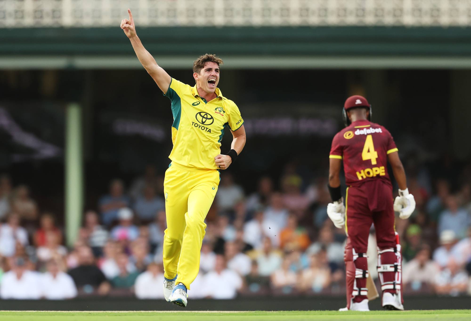 SYDNEY, AUSTRALIA - FEBRUARY 04: Sean Abbott of Australia celebrates taking the wicket of Kjorn Ottley of the West Indies during game two of the Men's One Day International series between Australia and West Indies at Sydney Cricket Ground on February 04, 2024 in Sydney, Australia. (Photo by Matt King/Getty Images)