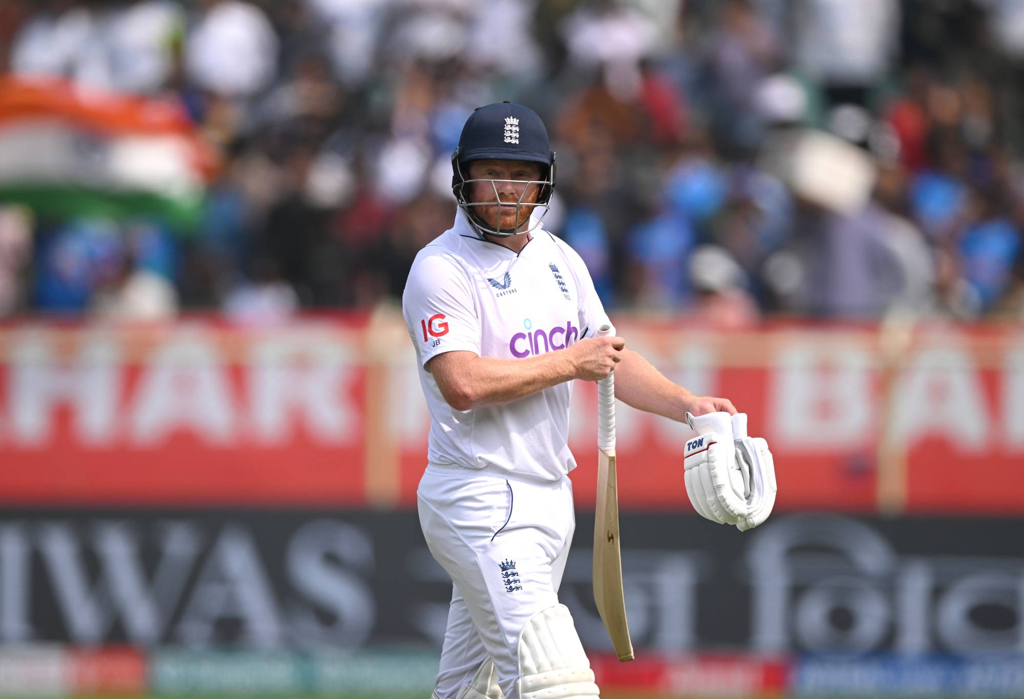 VISAKHAPATNAM, INDIA - FEBRUARY 05: England batsman Jonny Bairstow leaves the field after being given out after review during day four of the 2nd Test Match between India and England at ACA-VDCA Stadium on February 05, 2024 in Visakhapatnam, India. (Photo by Stu Forster/Getty Images)